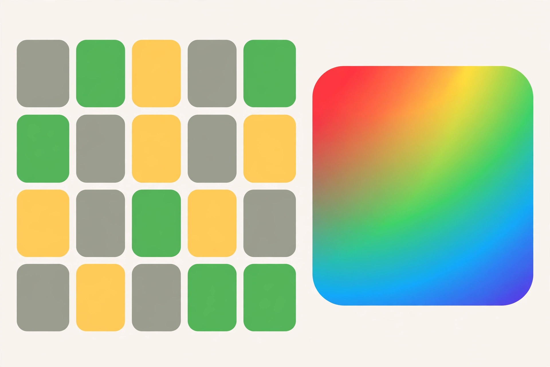 Flat illustration of a colour swatch grid with green, yellow and grey feedback tiles, themed around the Colourdle colour-guessing game
