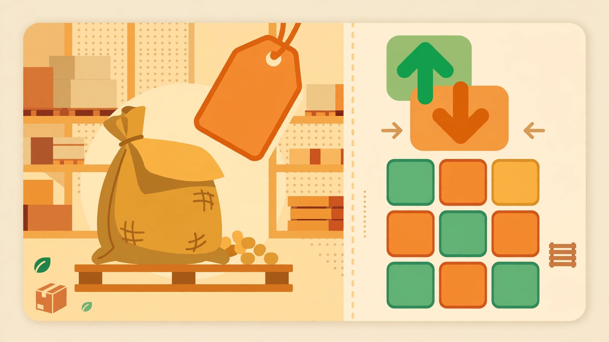 Flat illustration of a Costco-style warehouse product with price tags and green-yellow feedback arrows in a guessing-game layout