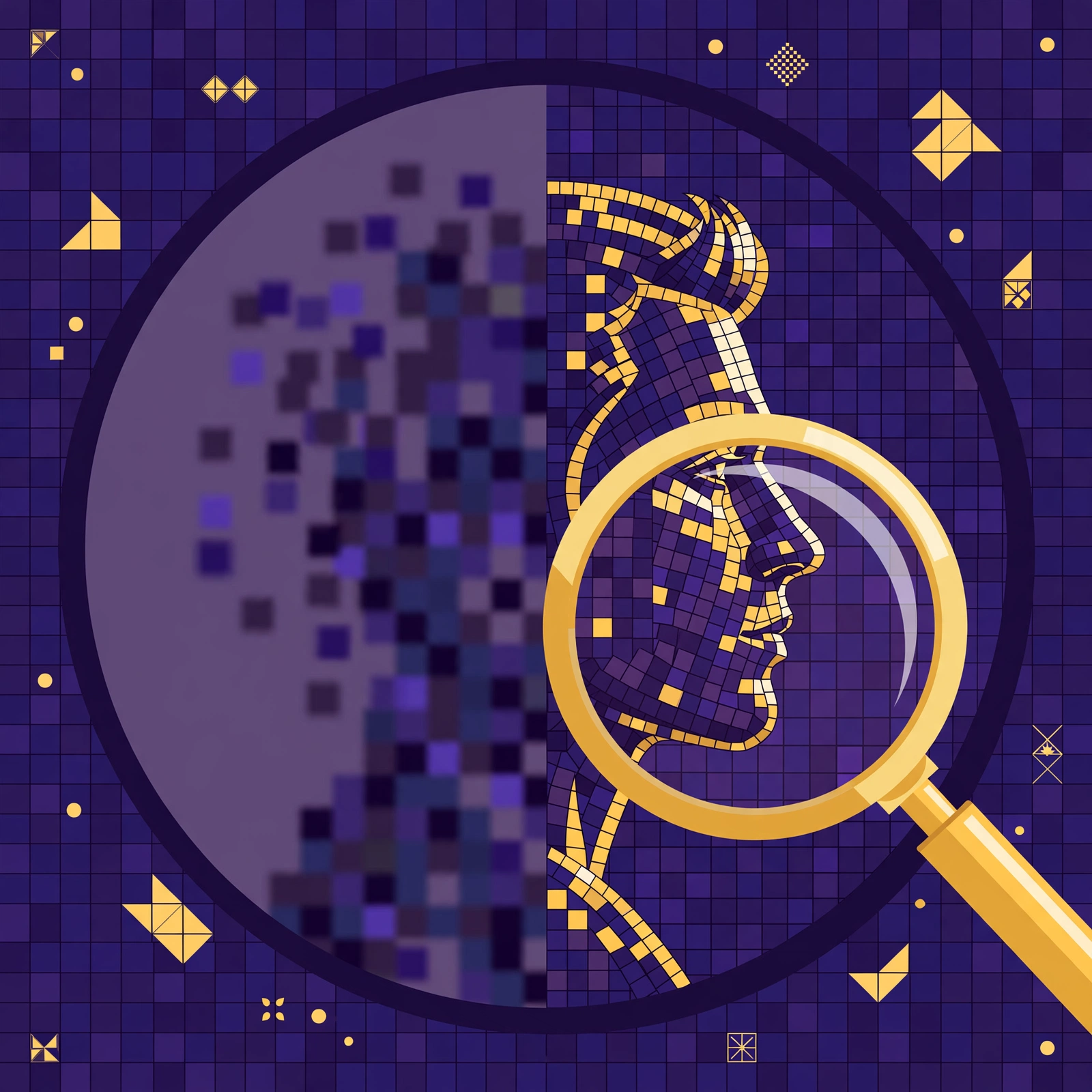 Flat illustration of a half-pixelated celebrity portrait mosaic being revealed, for the Facedle game