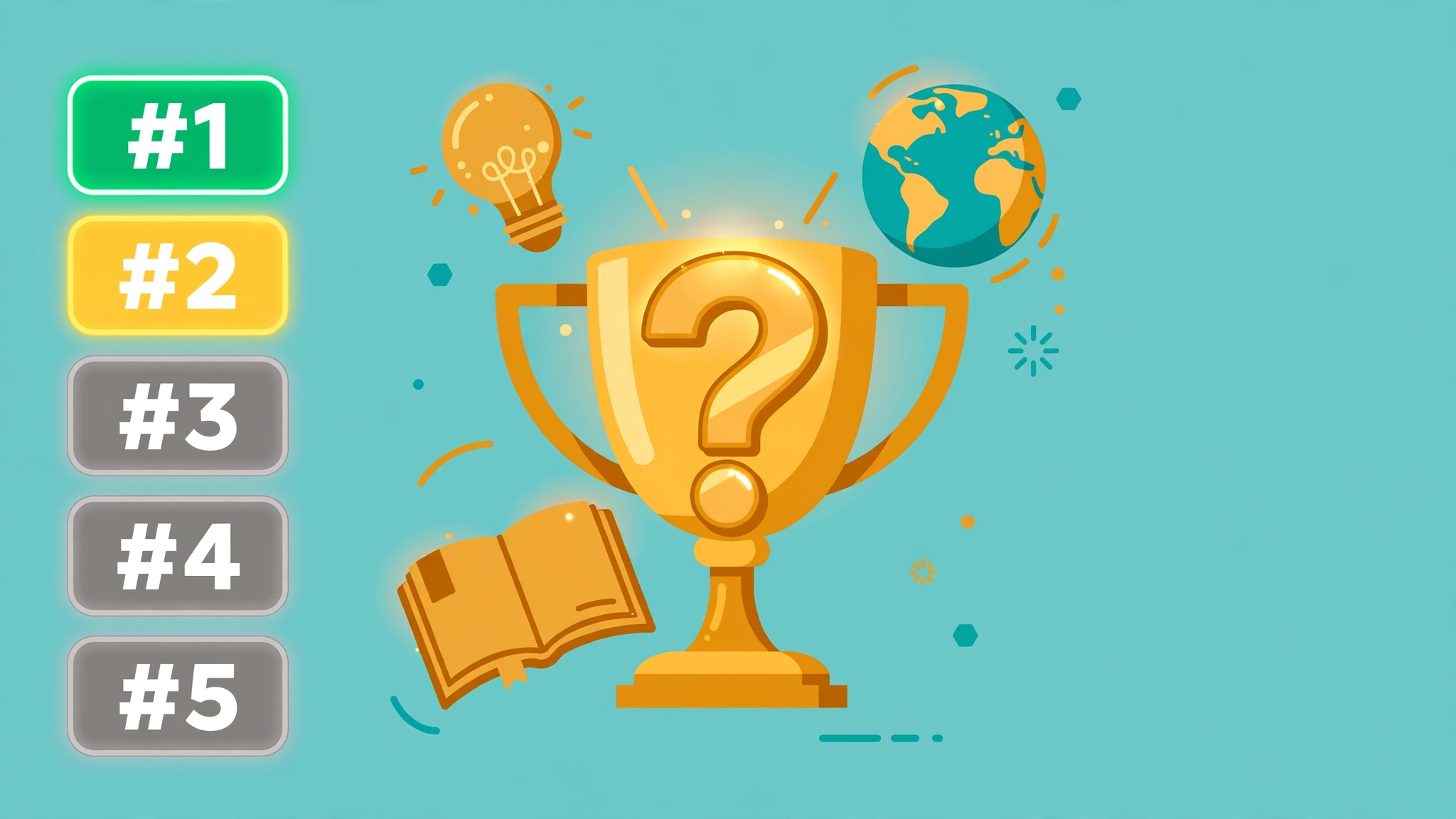 Flat illustration of the Factle trivia ranking game with five ranked answer tiles