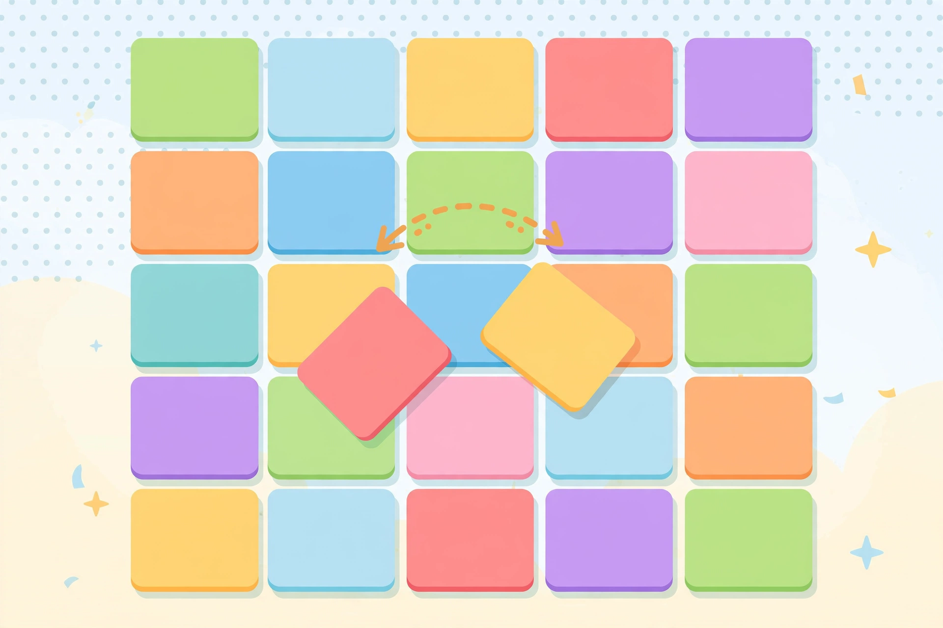Flat illustration of a colourful letter tile grid with two tiles swapping positions, no text
