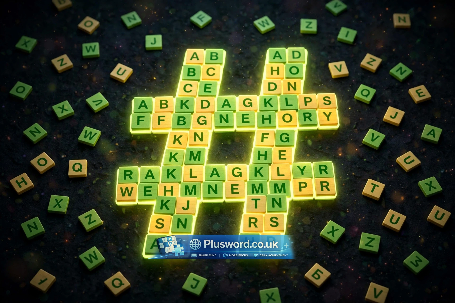 Hashtag game word puzzle being played on a board with letter tiles