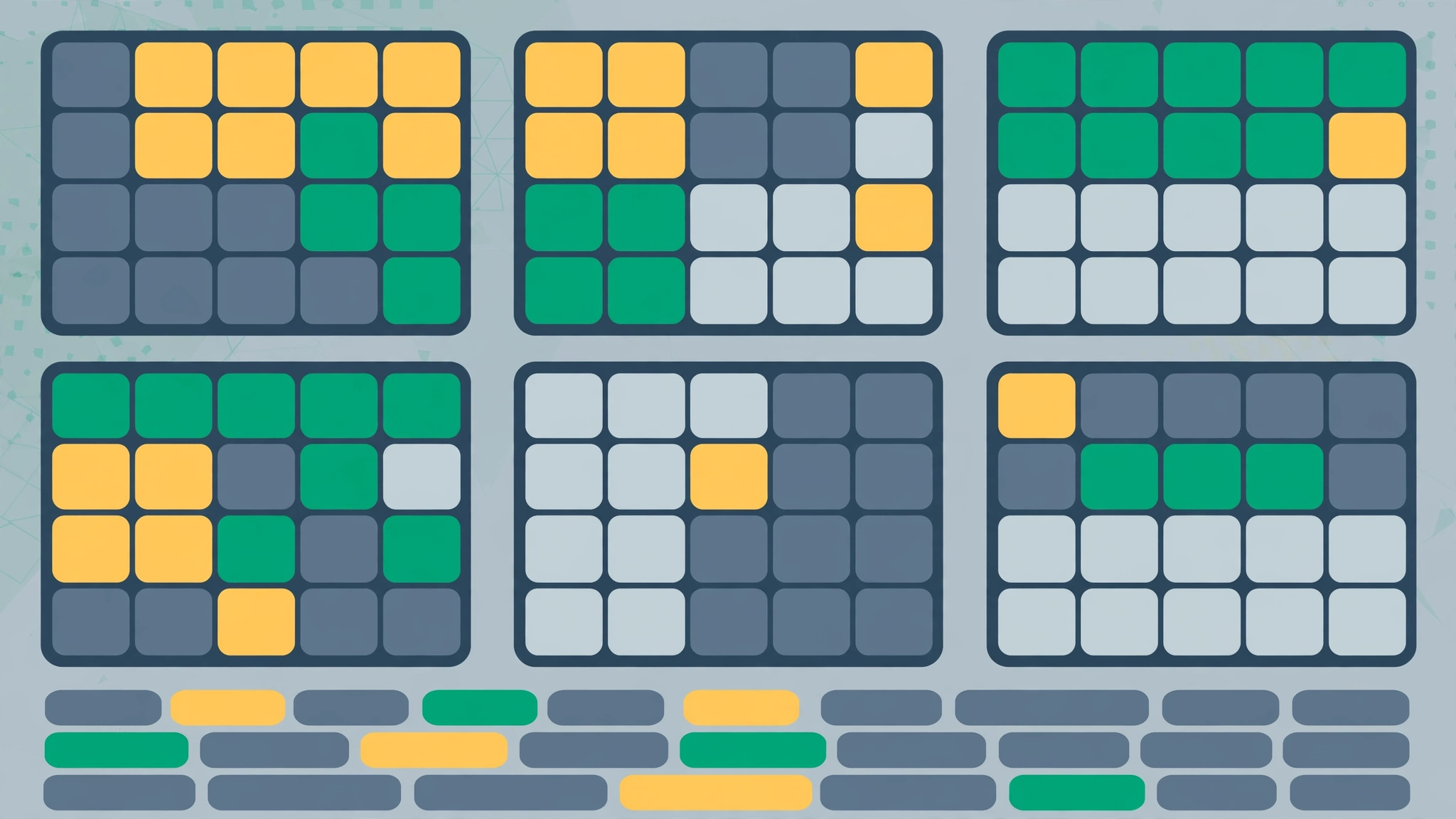 Flat illustration of six word puzzle grids being solved together