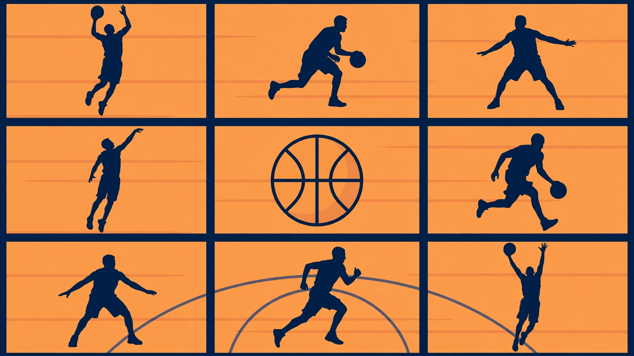Flat illustration of a 3x3 basketball grid with player silhouettes