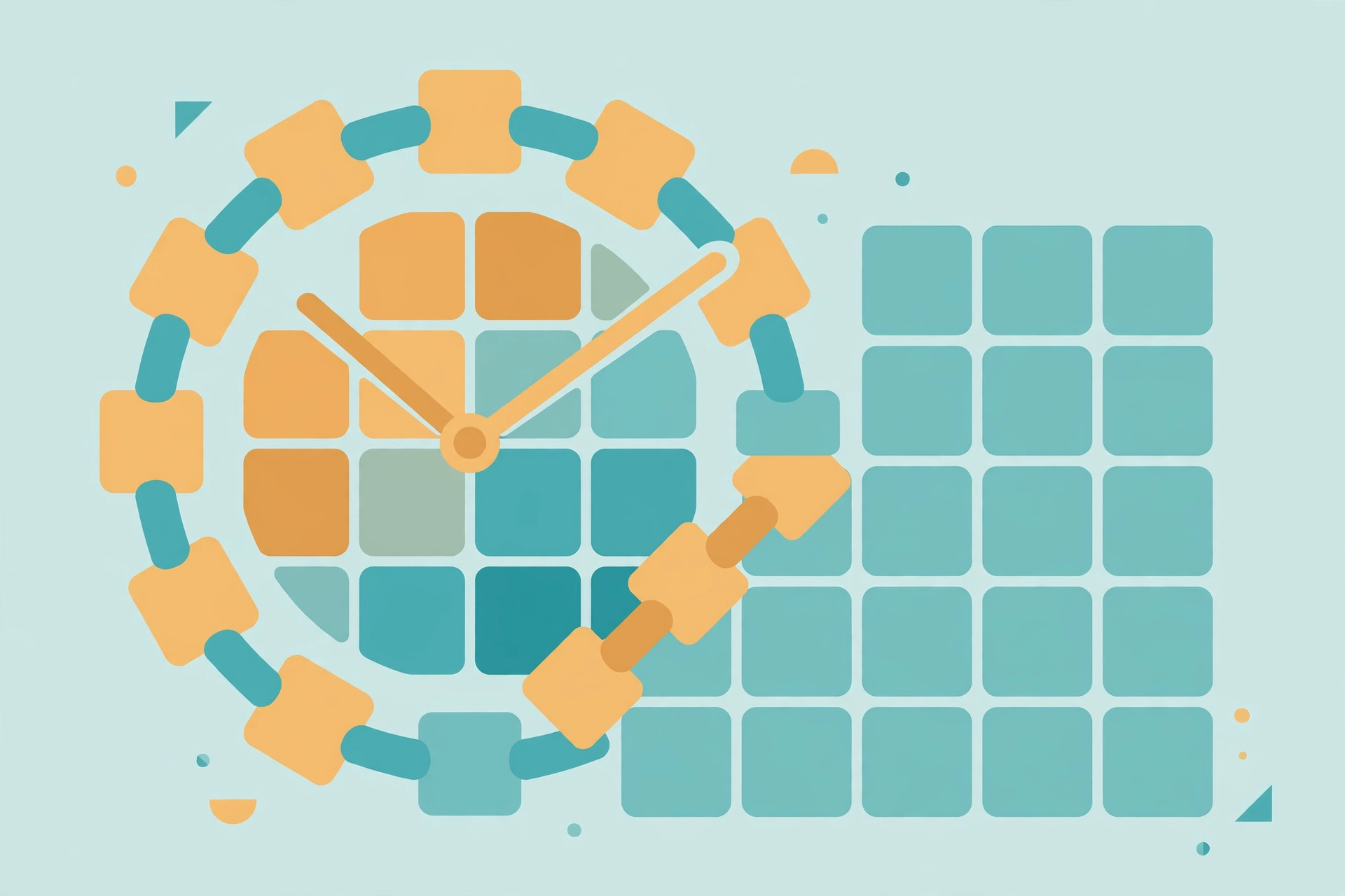 Flat-design graphic of an hourly word game grid with color-coded tiles and a clock icon representing Hourdle