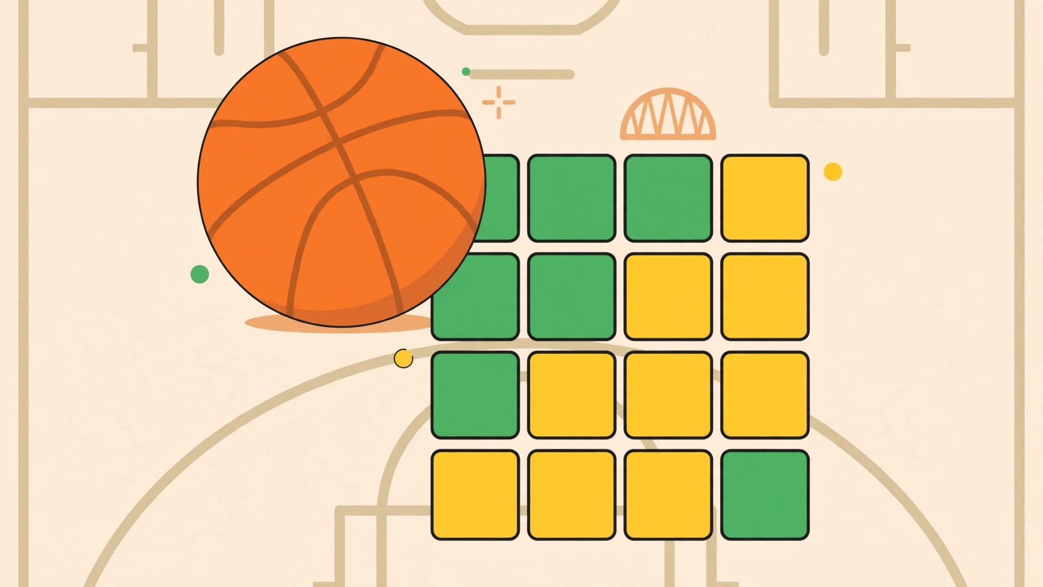 Illustration of a basketball-themed Wordle-style guessing grid with player attribute tiles