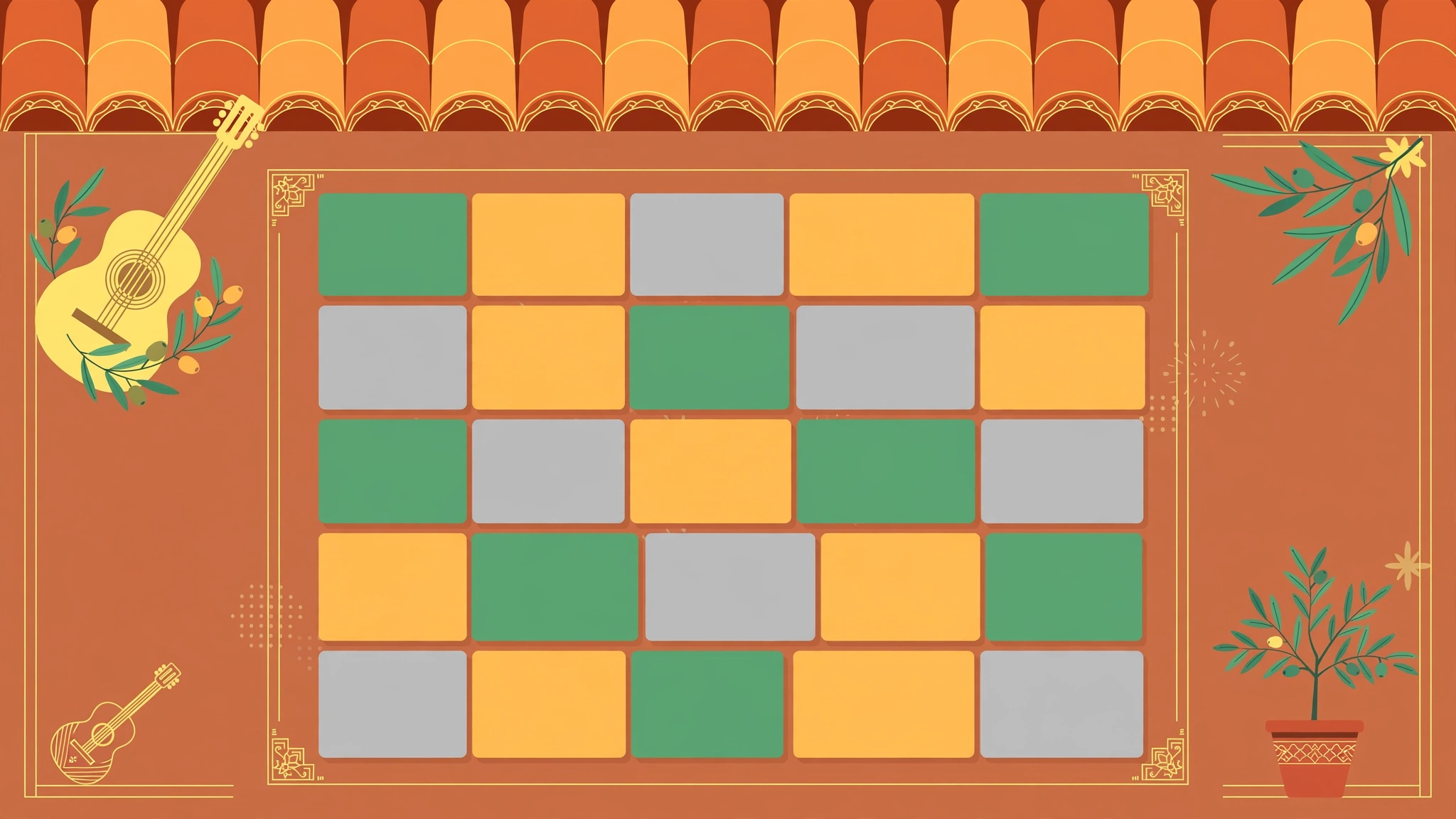 Flat illustration of a Spanish-themed word puzzle grid with green, yellow and grey letter tiles