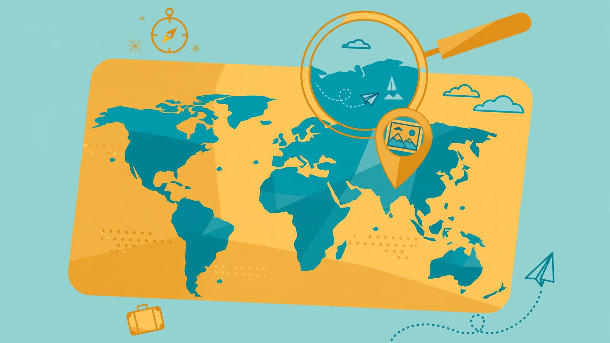 Flat illustration of a world map with a camera photo pin and a magnifying glass