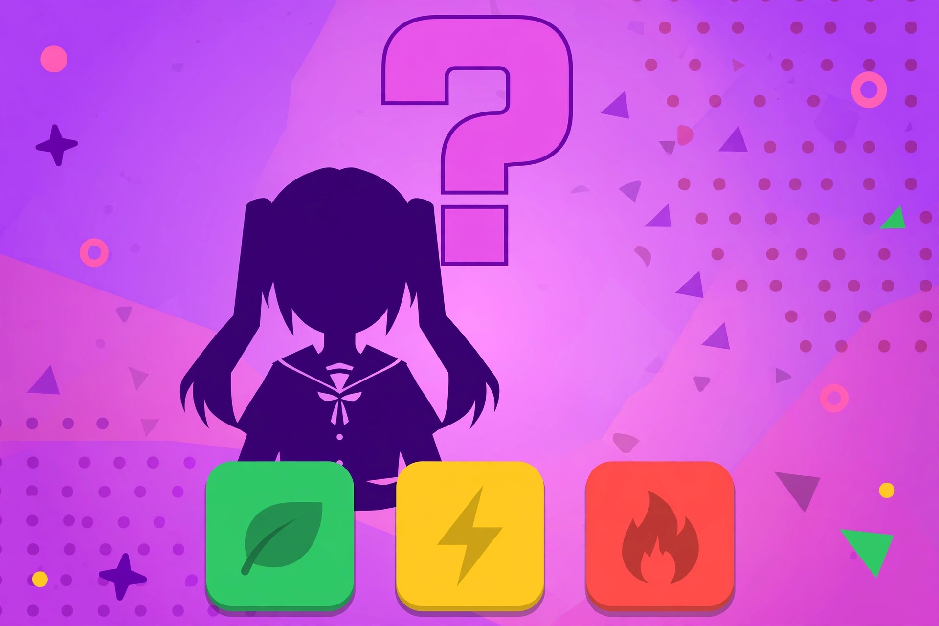Anime character silhouette guessing game with colorful clue tiles in flat illustration style