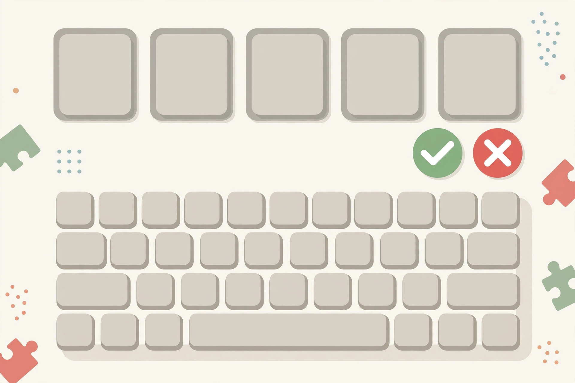 Flat illustration of blank letter tiles with a keyboard and green check and red cross guess markers