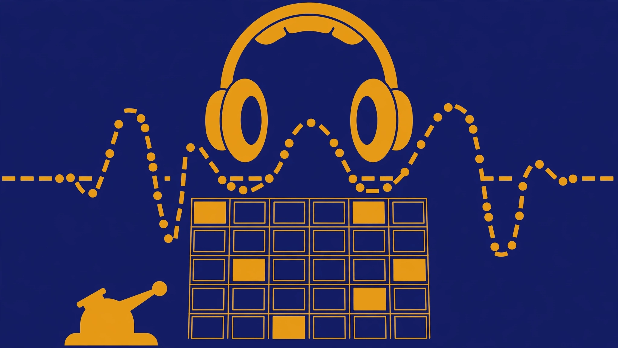 Flat illustration of headphones, Morse code dots and dashes, and a word-guessing grid representing the Morsle game