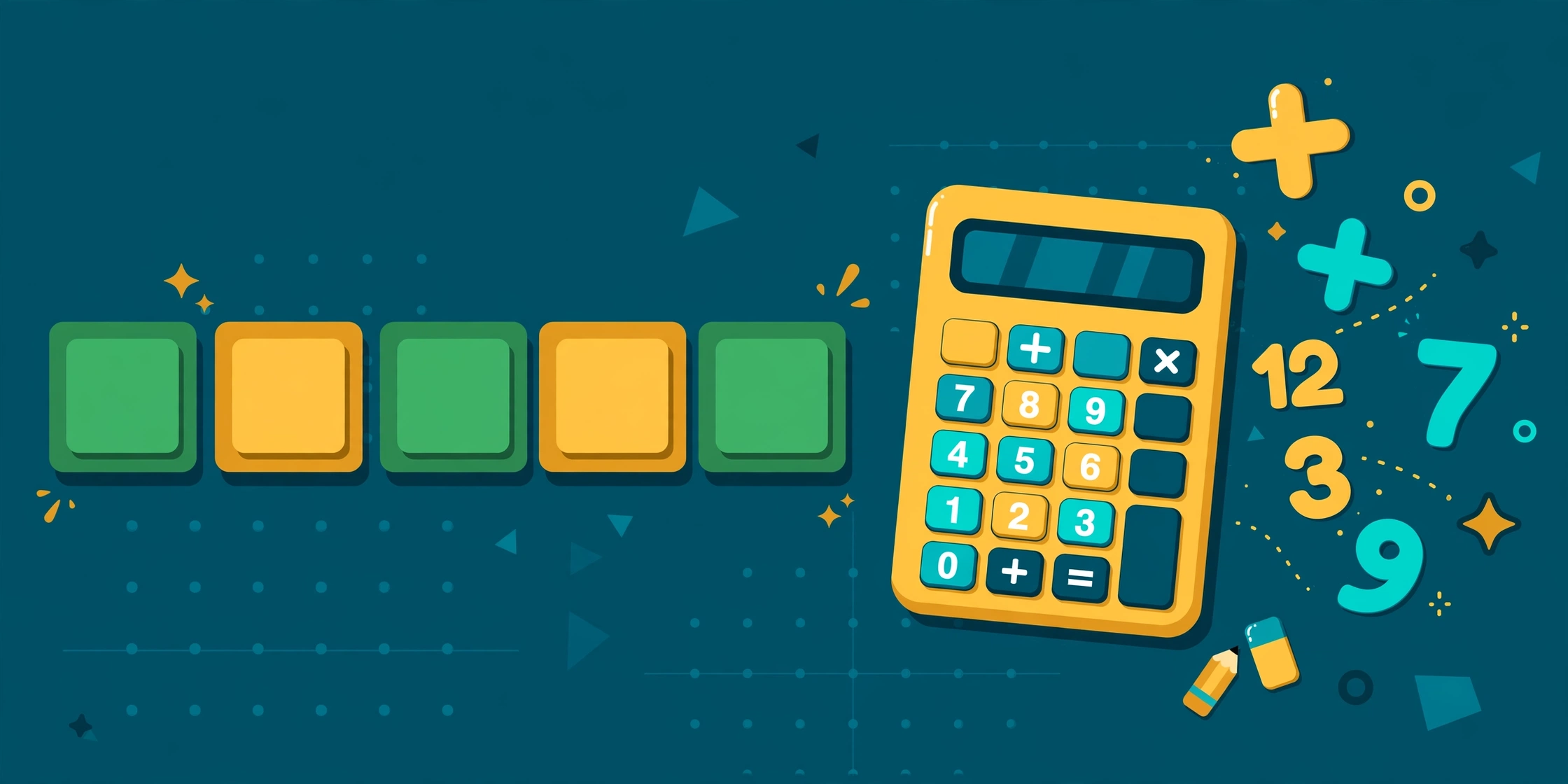 Numbword word and maths puzzle concept with letter tiles and calculator