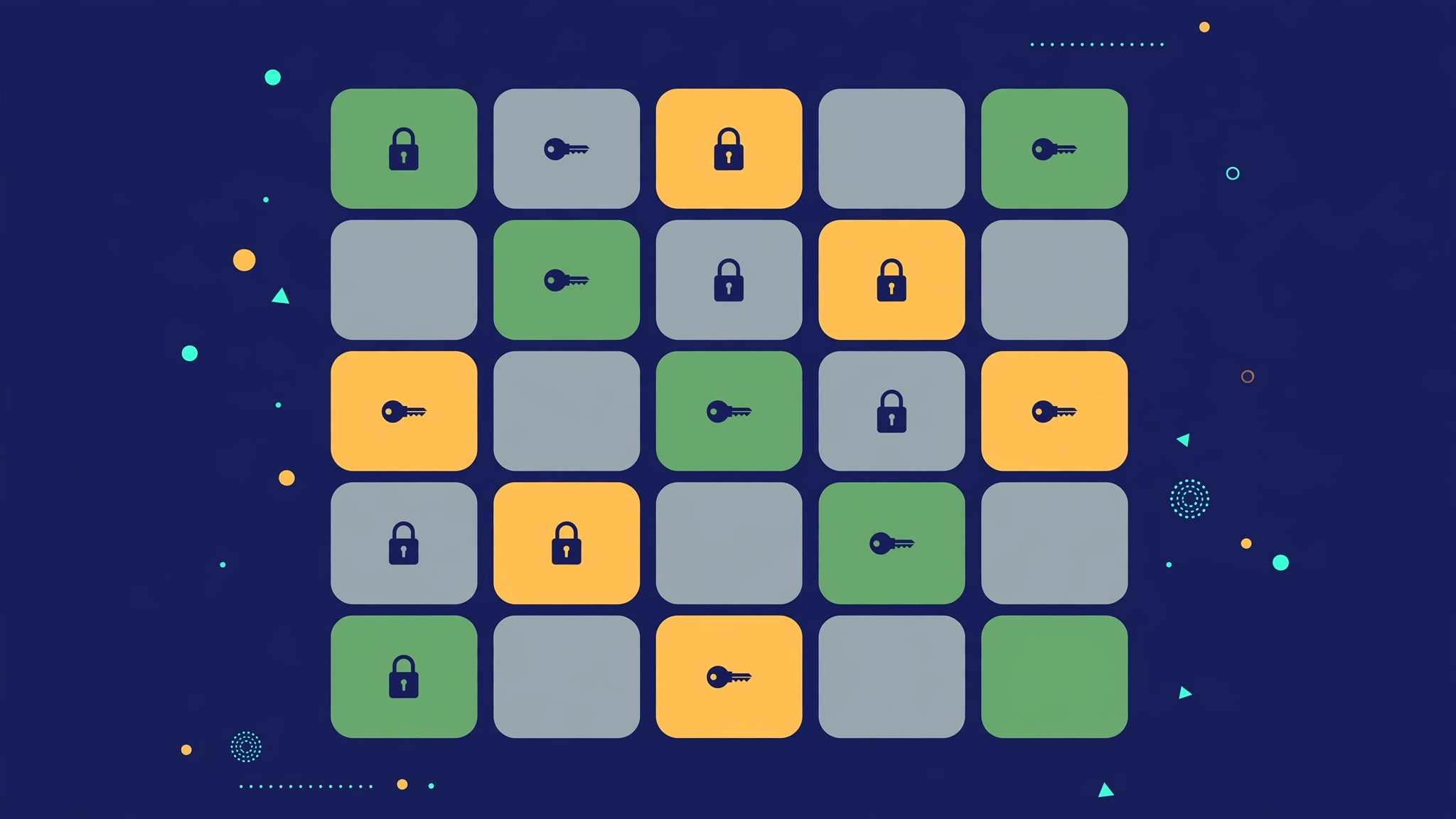 Flat illustration of a password entry grid with green and yellow Wordle-style tiles