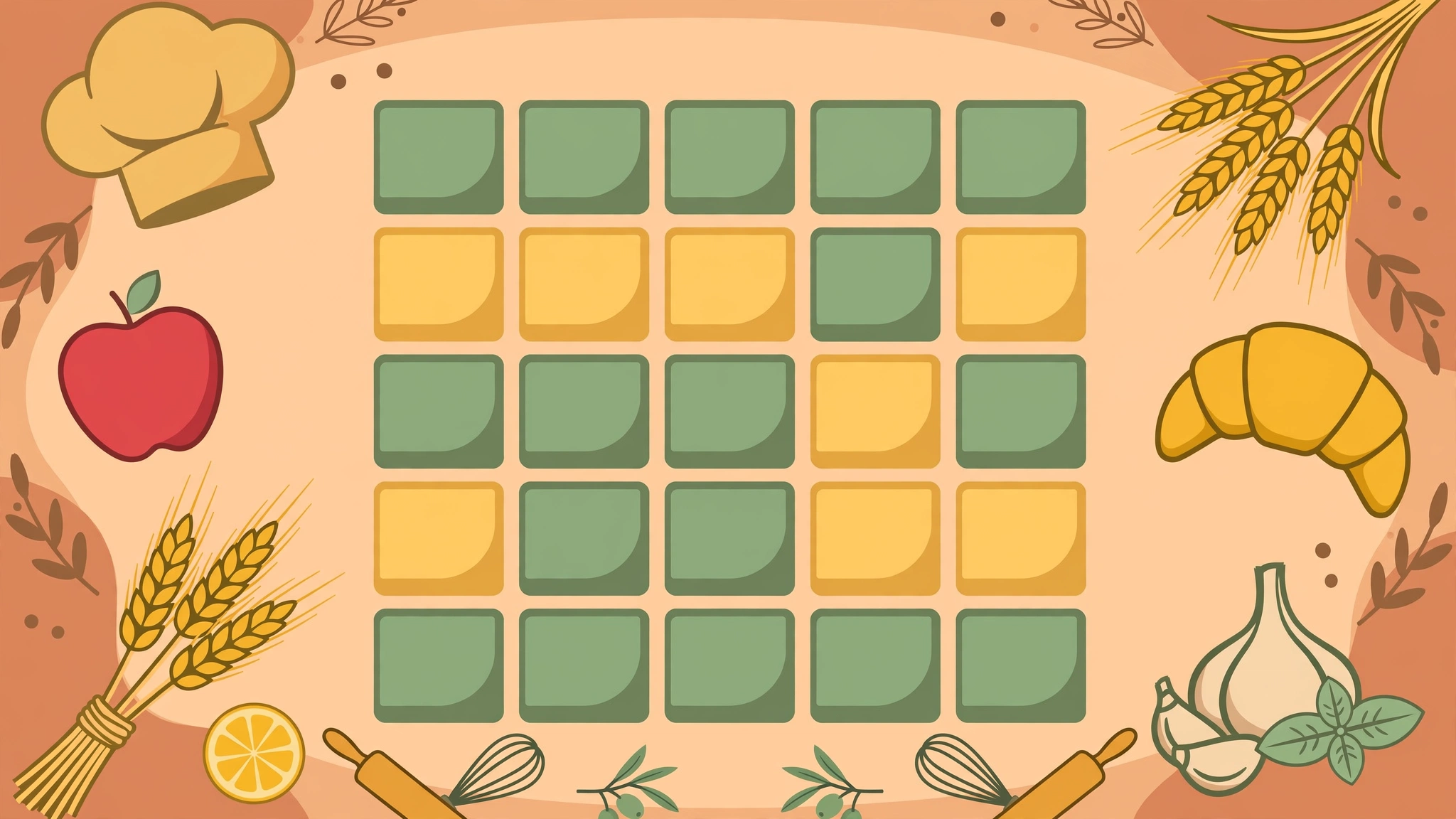 Flat-design illustration of a Wordle-style letter grid surrounded by food icons like a chef hat, apple, and croissant