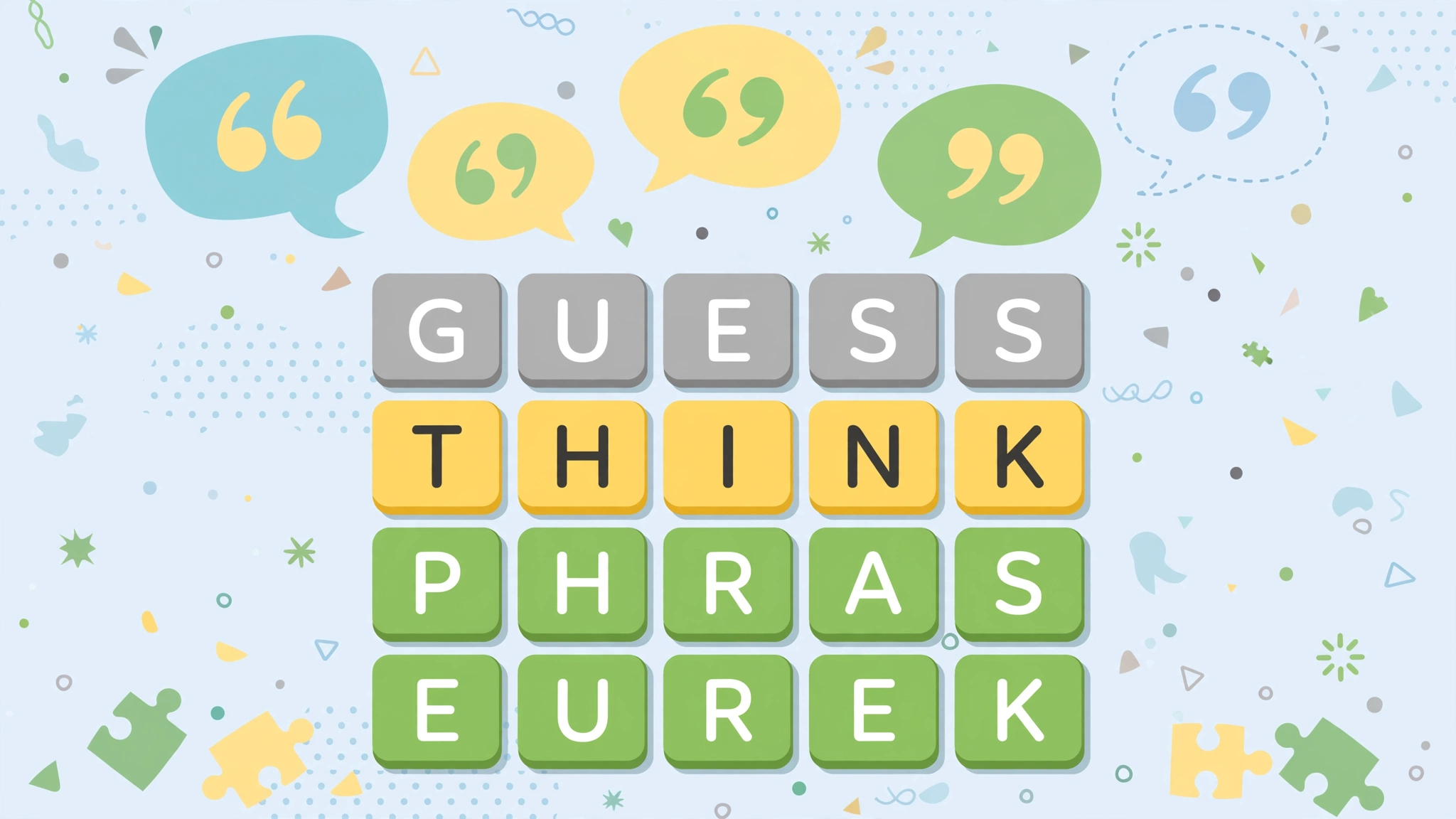 Flat illustration of the Phrasle phrase-guessing game with a letter tile grid and speech bubbles