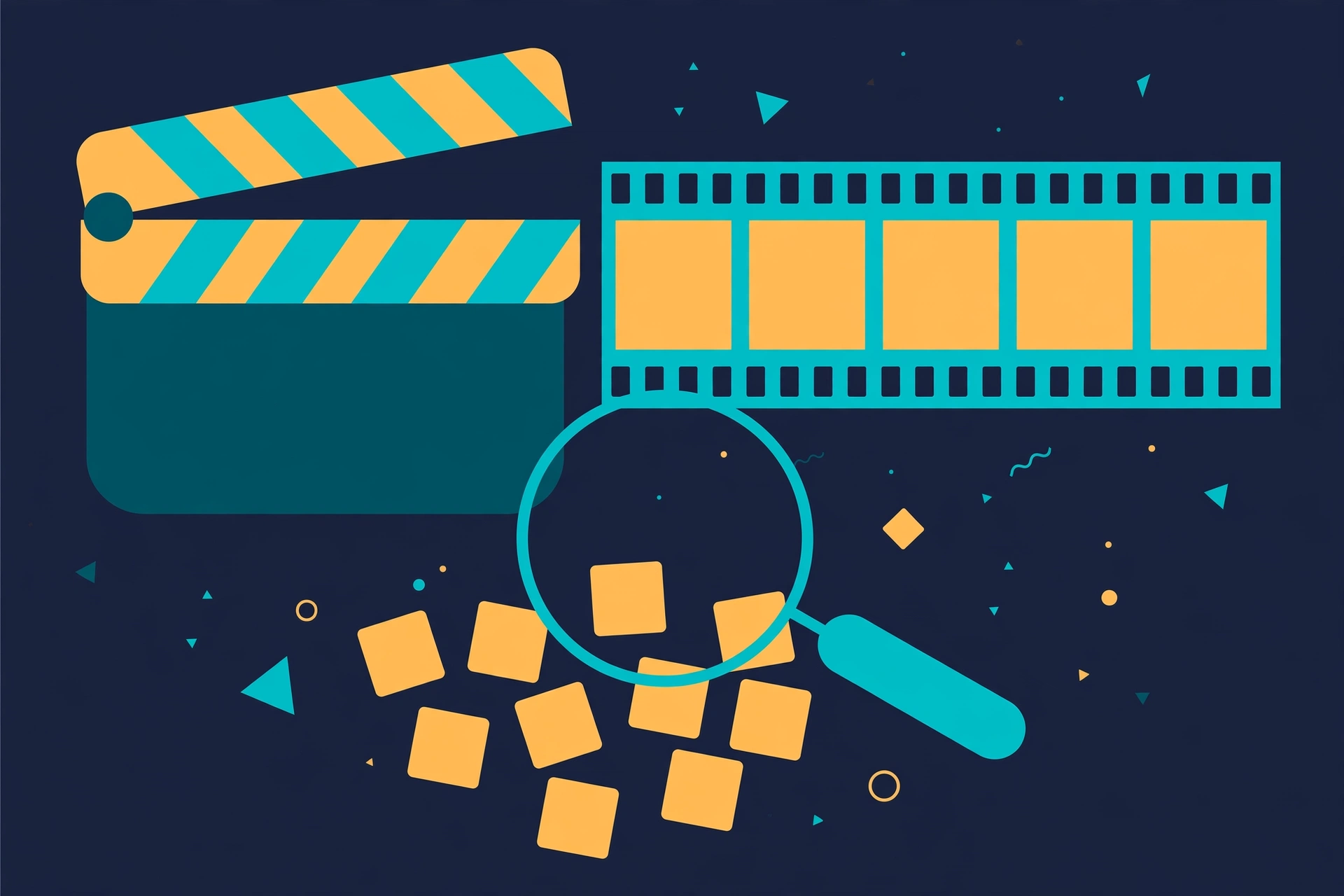 Flat-design illustration of a film clapperboard, cinema film strip and magnifying glass over scattered tiles for the Plotwords movie-guessing game