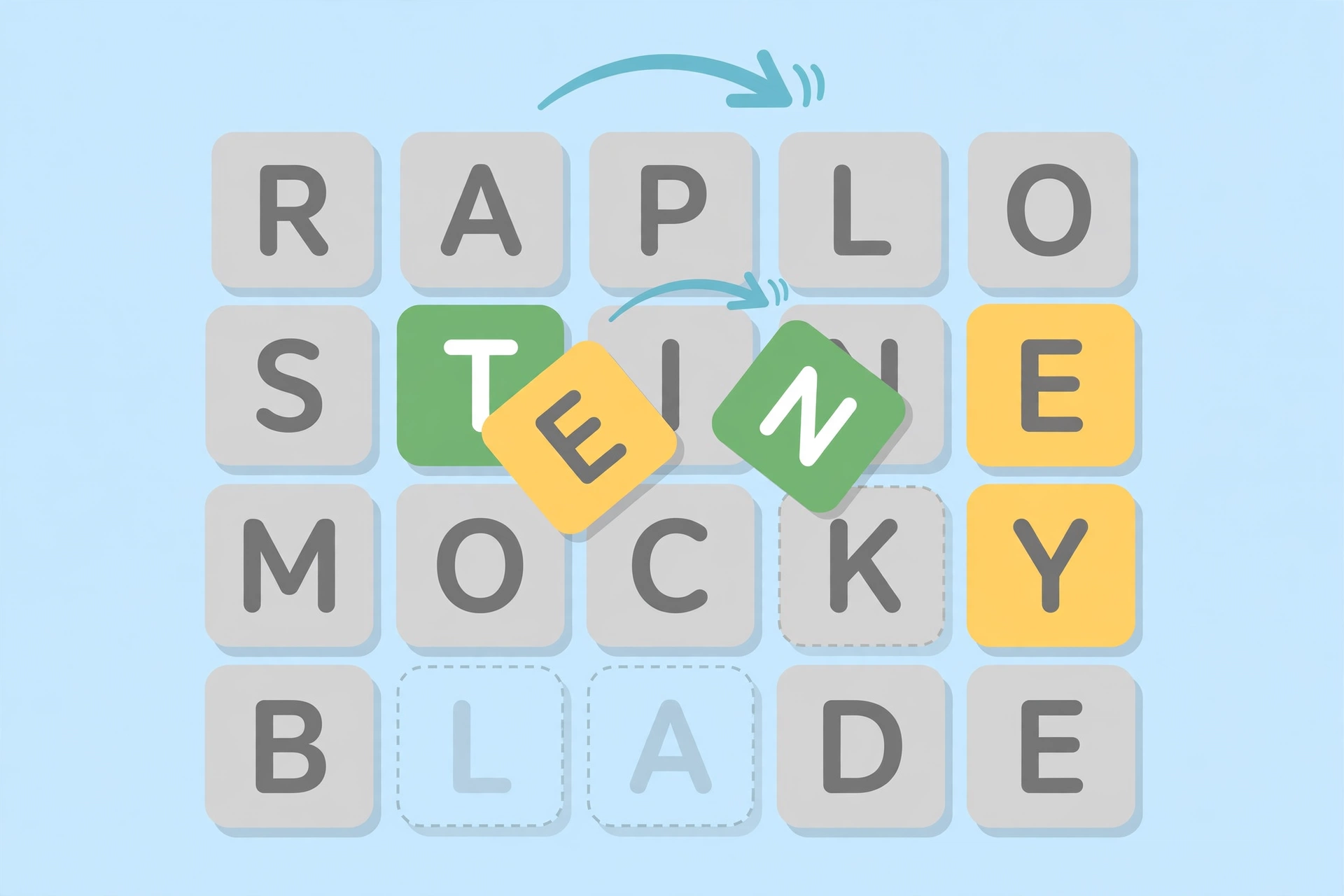 Quintessential Fun word game 5×5 letter tile grid illustration