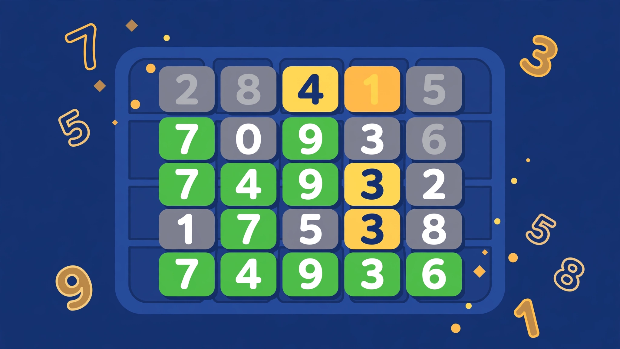 Illustration of the Rangele daily number-guessing puzzle with digit tiles and feedback colours