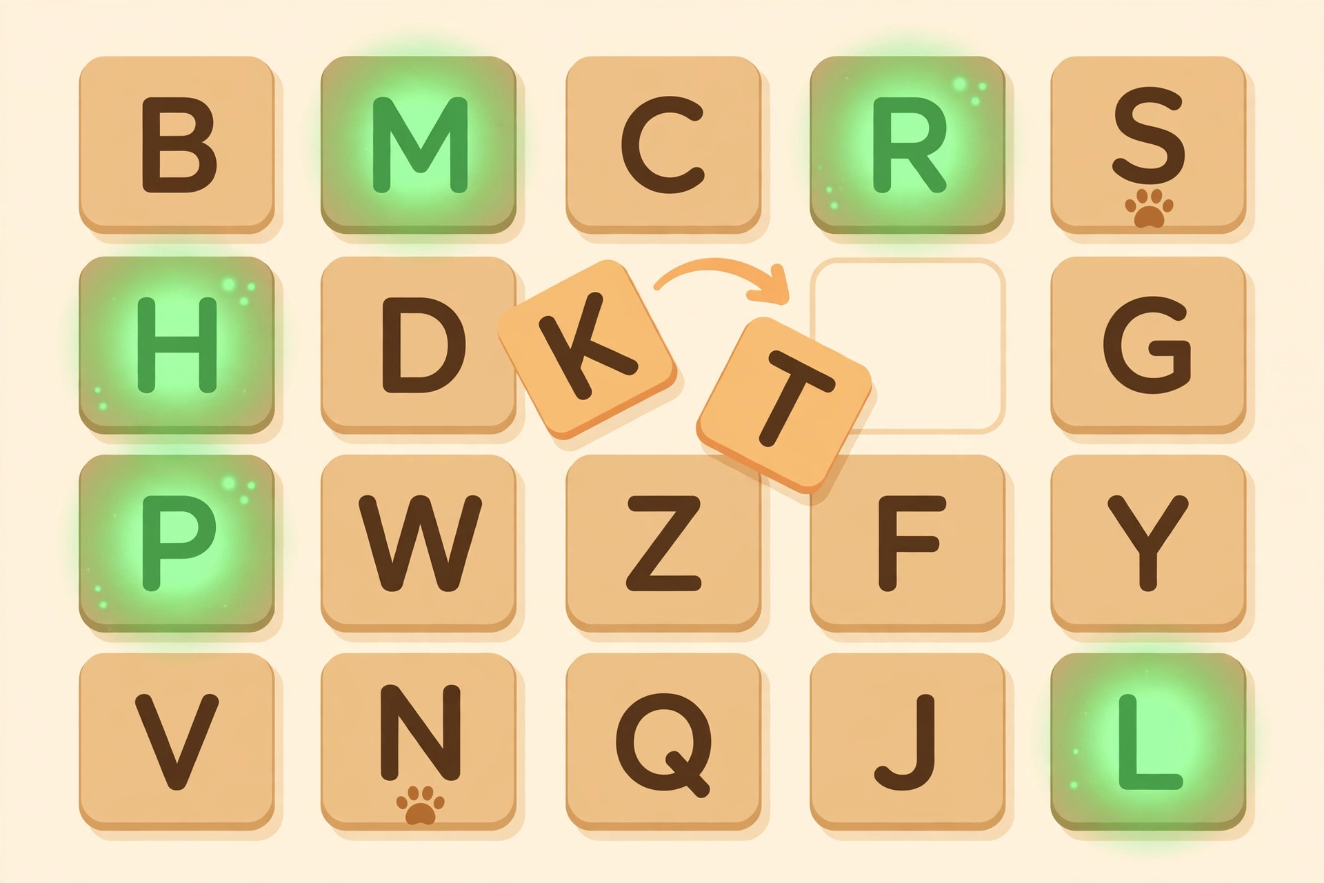 Board of shuffled letter tiles from the Reunion word game with two animal tiles