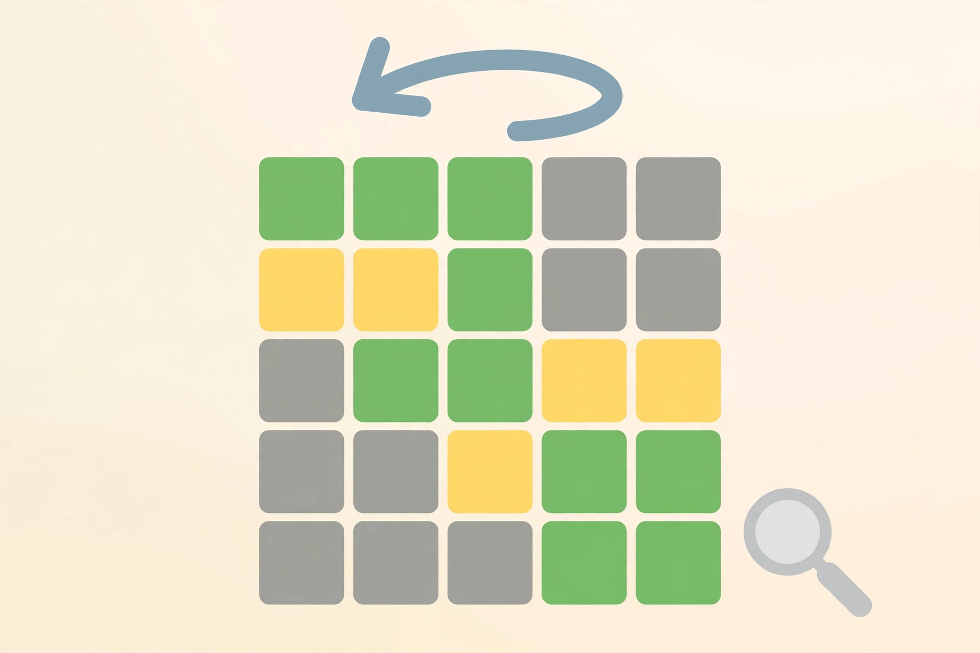 Flat vector-style illustration of a Wordle-like grid played in reverse with green, yellow and grey tiles and a magnifying glass