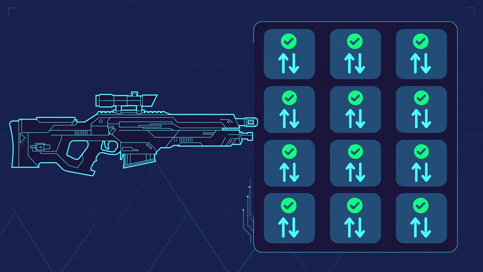 Flat illustration of a sci-fi weapon grid with checkmarks and popularity arrows representing the Rolldle game
