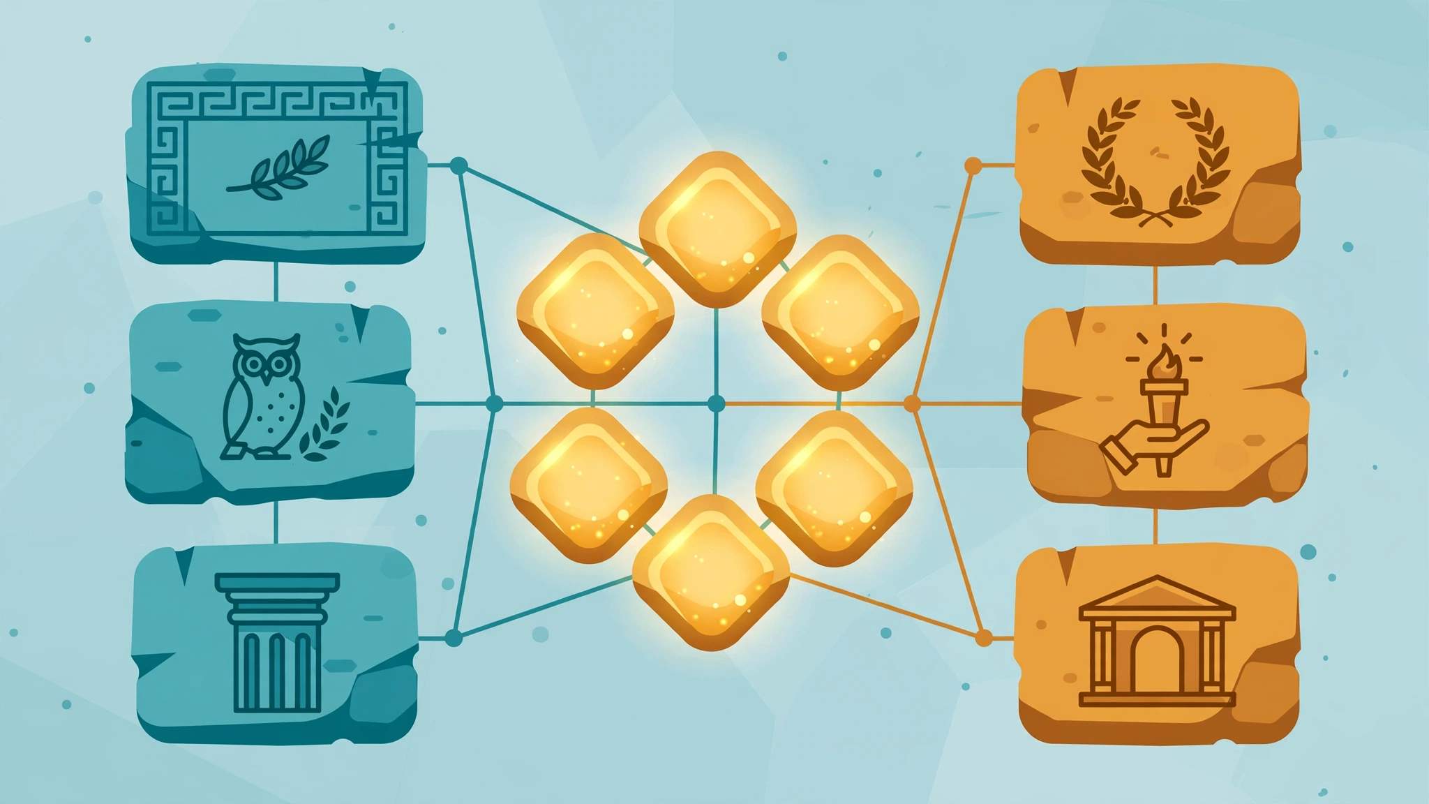 Flat illustration of a root word puzzle with Greek and Latin roots connecting to hidden words