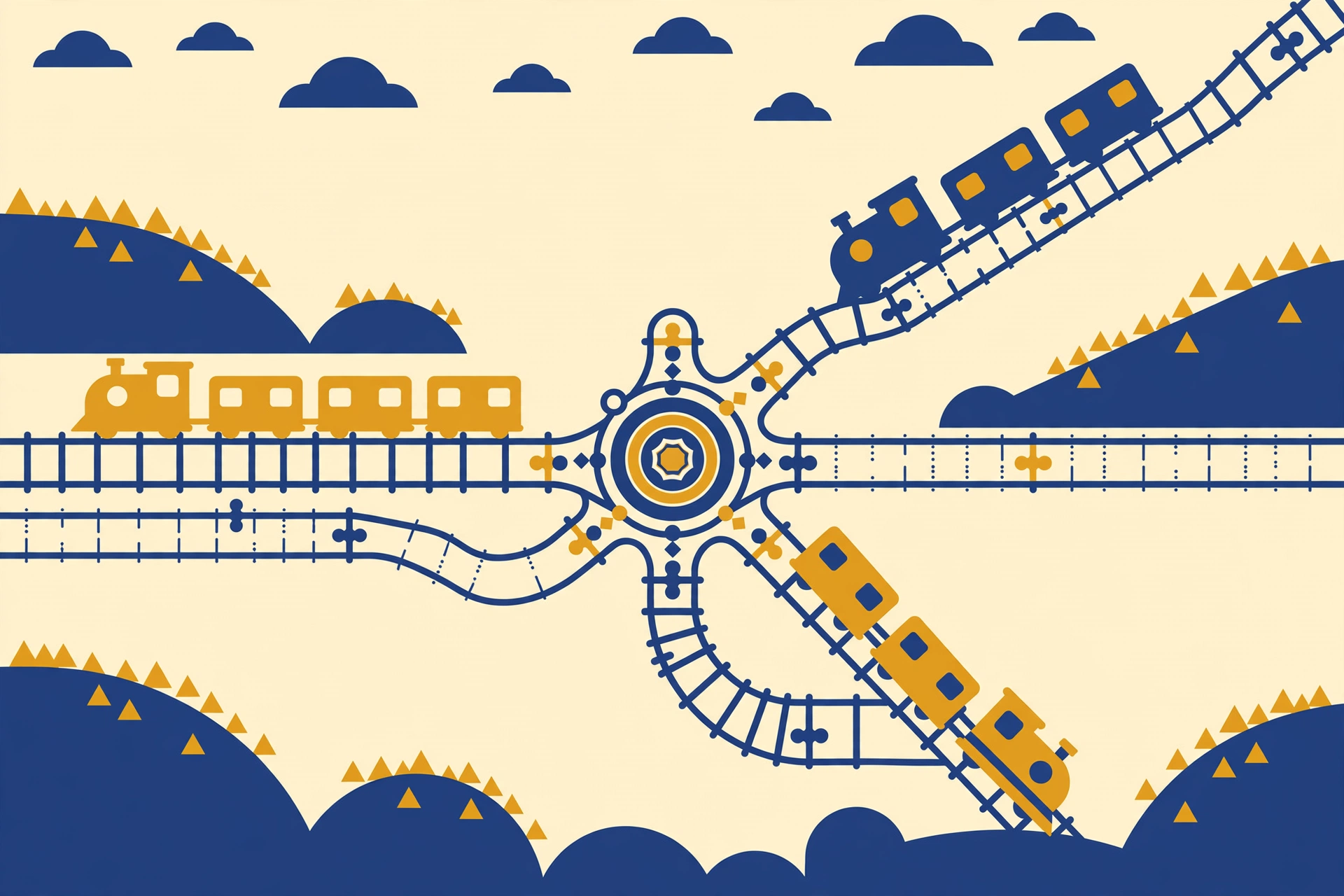Stylized trains on converging railway tracks in flat illustration style