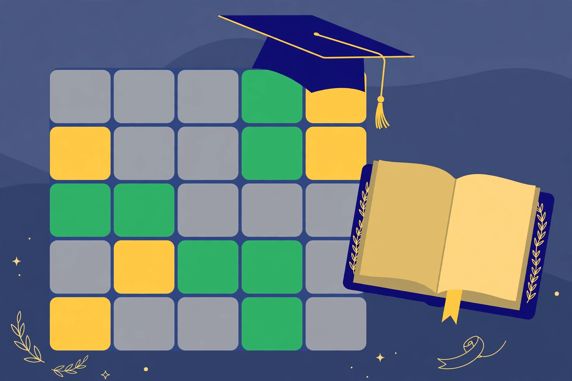 Scholardle academic word game grid with graduation cap and books