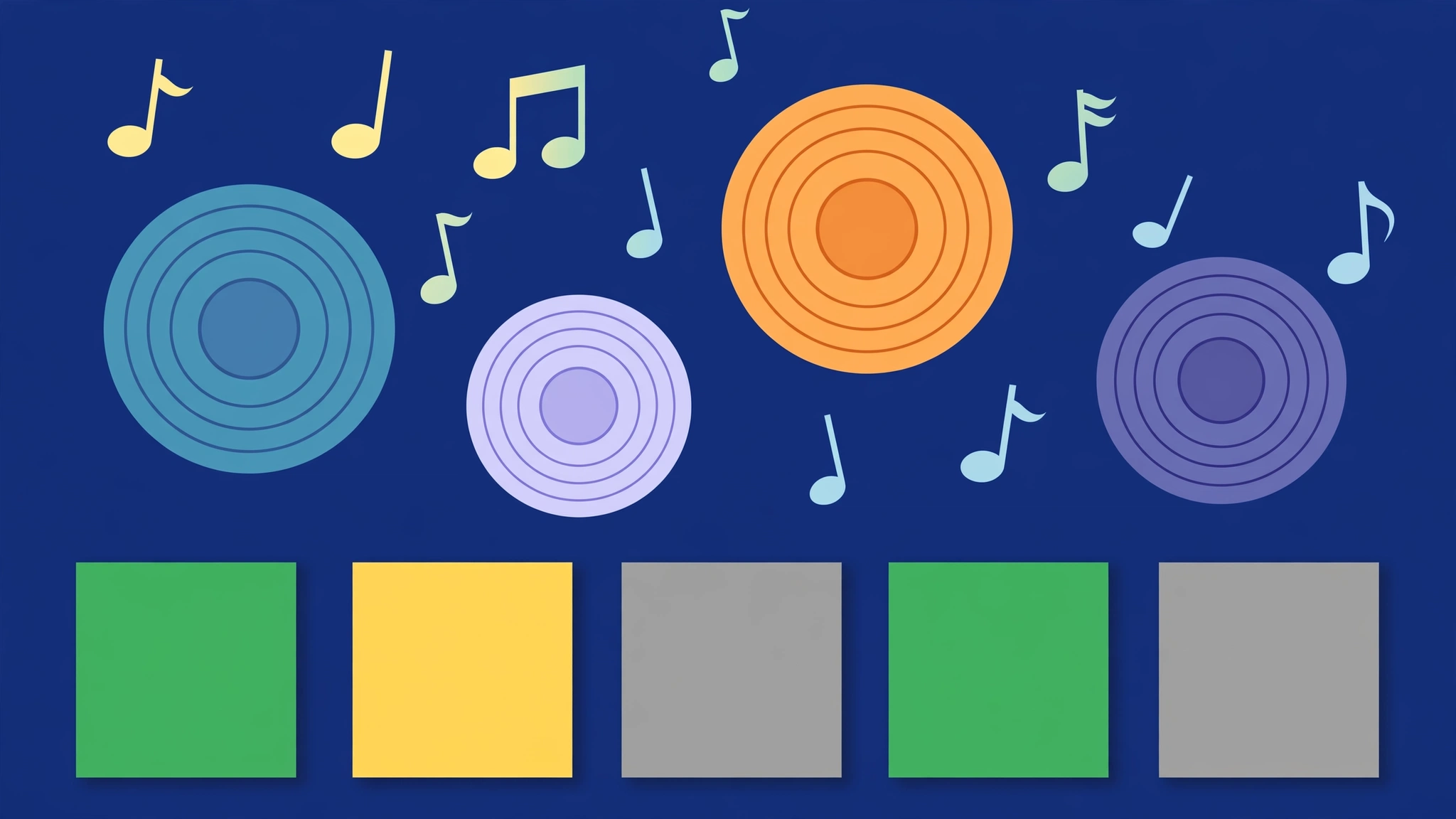Colorful illustration of a music-guessing game concept with a blue hedgehog character and sound waves
