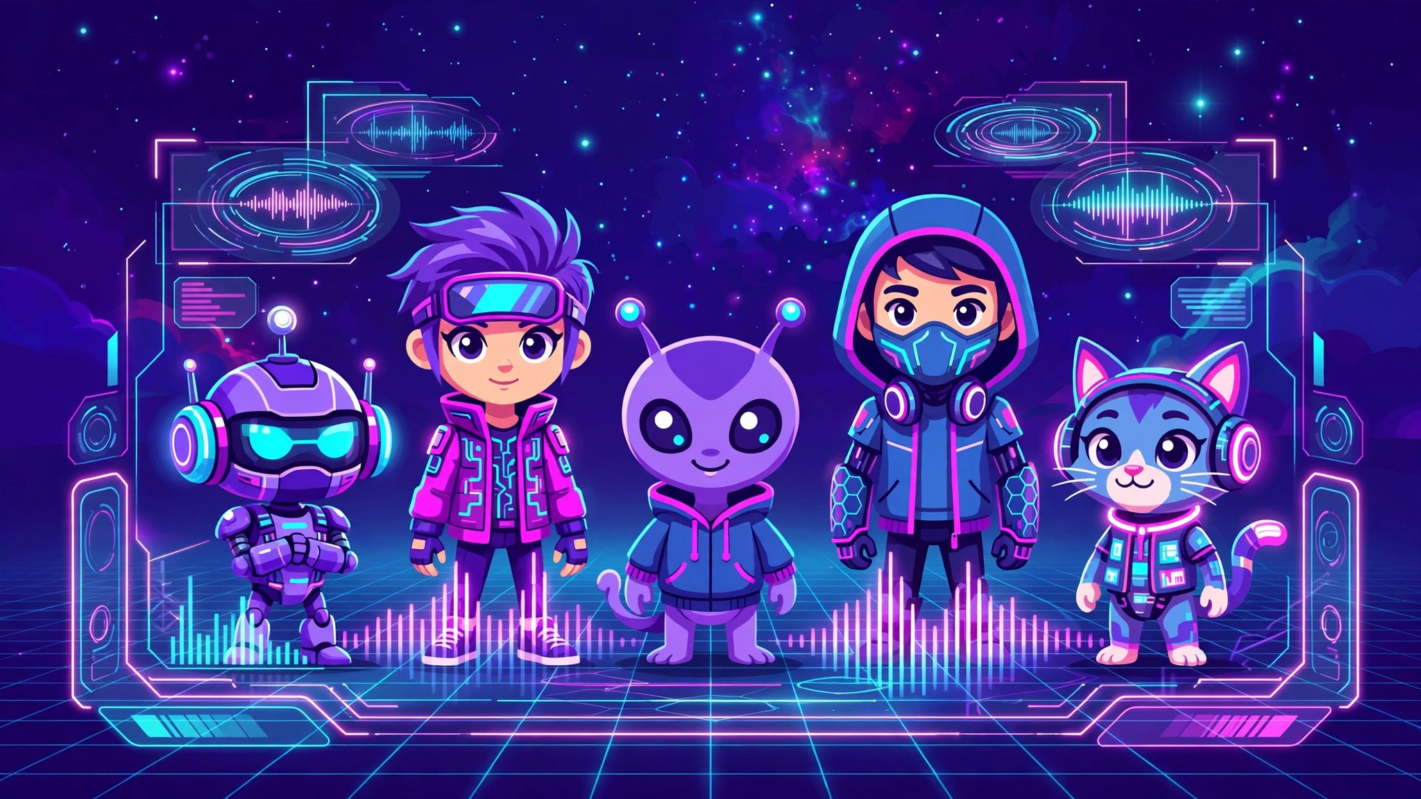 Neon cyberpunk-styled Sprunki characters in a music-mixing game interface