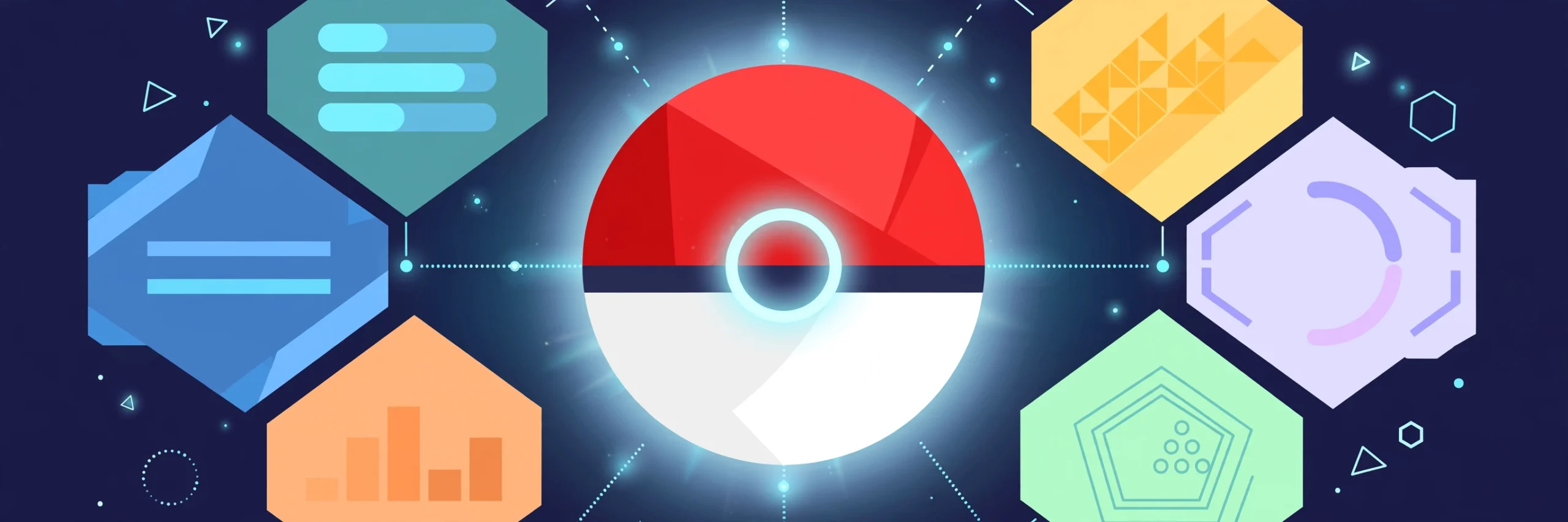 Flat illustration of a red-and-white capture sphere game-card motif on a dark background