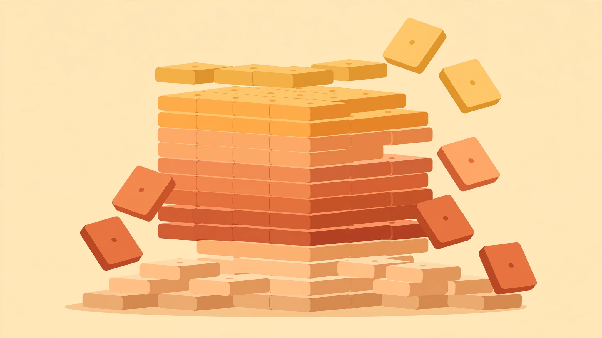 Stacked letter tiles collapsing as hidden words are uncovered in a word game