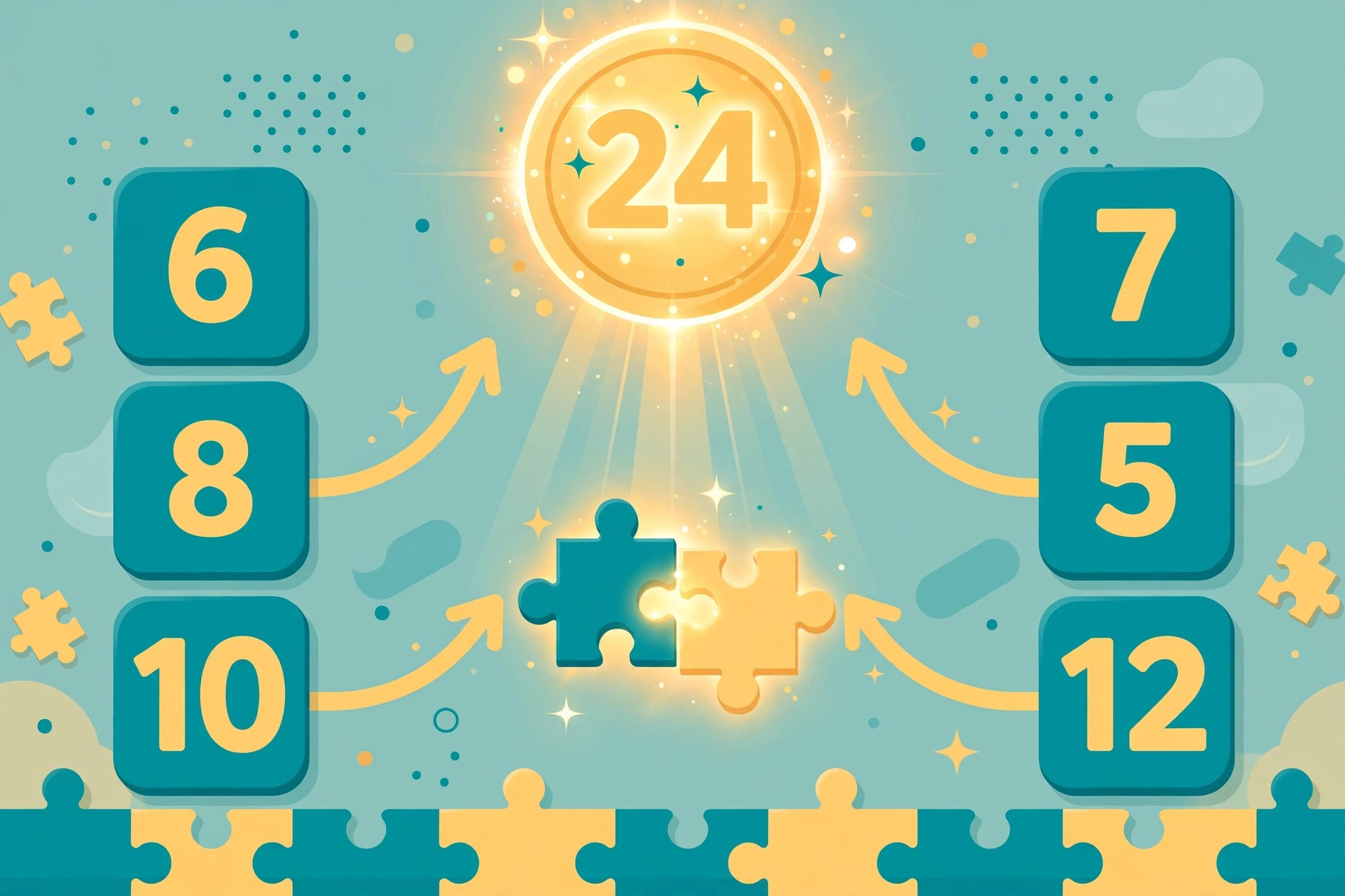 Flat-design illustration of a number puzzle with tiles being combined into sums toward a target number at the top