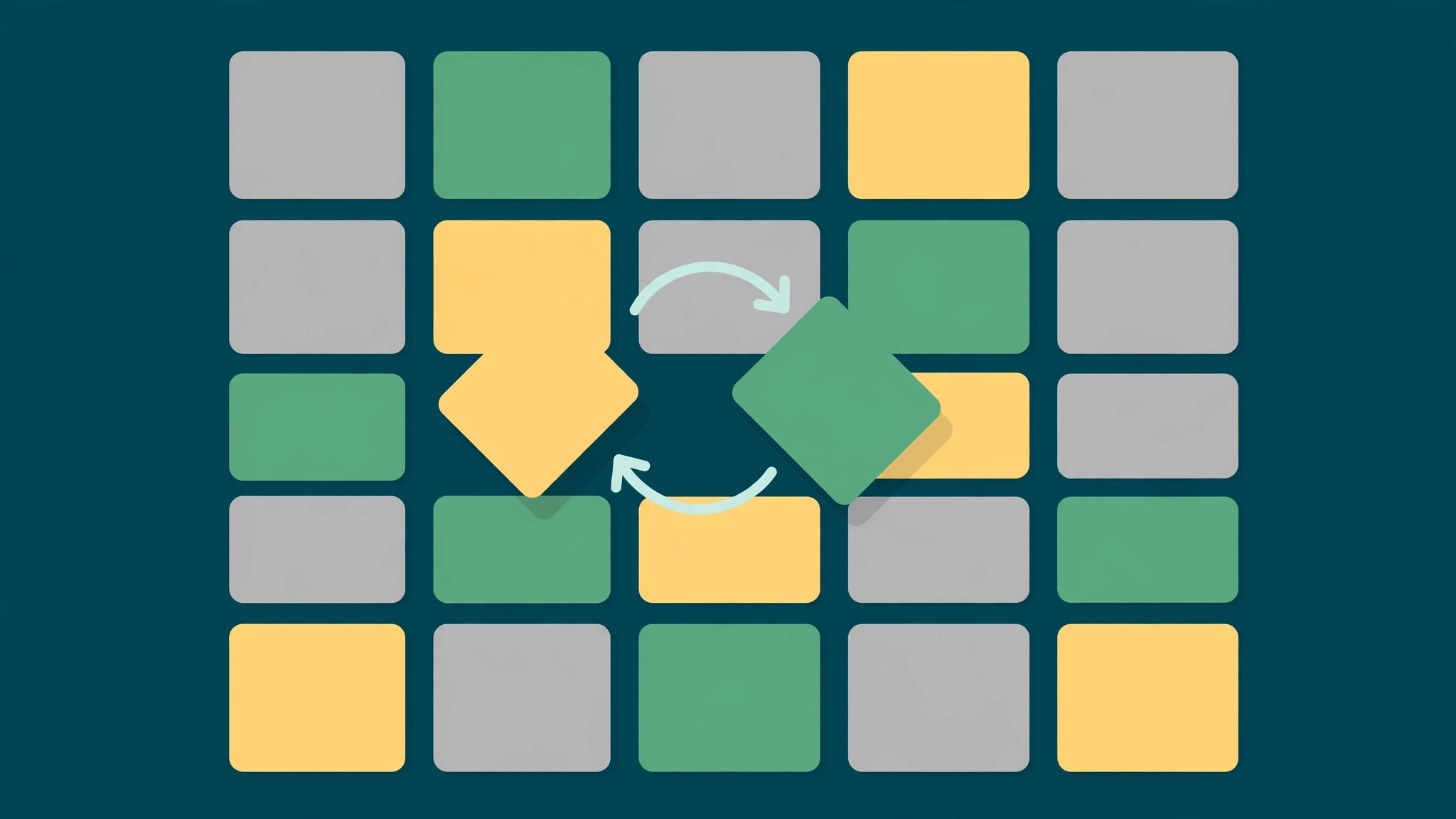 Swiple word game concept showing a 5x5 letter grid with coloured swap tiles