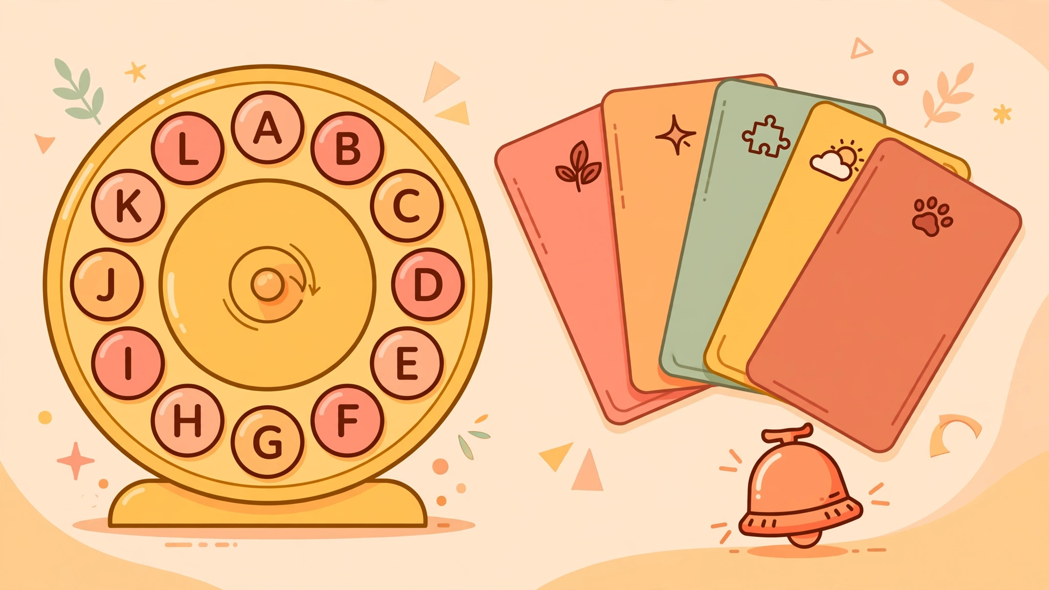 Flat-style illustration of a letter wheel game with category cards and a ticking timer