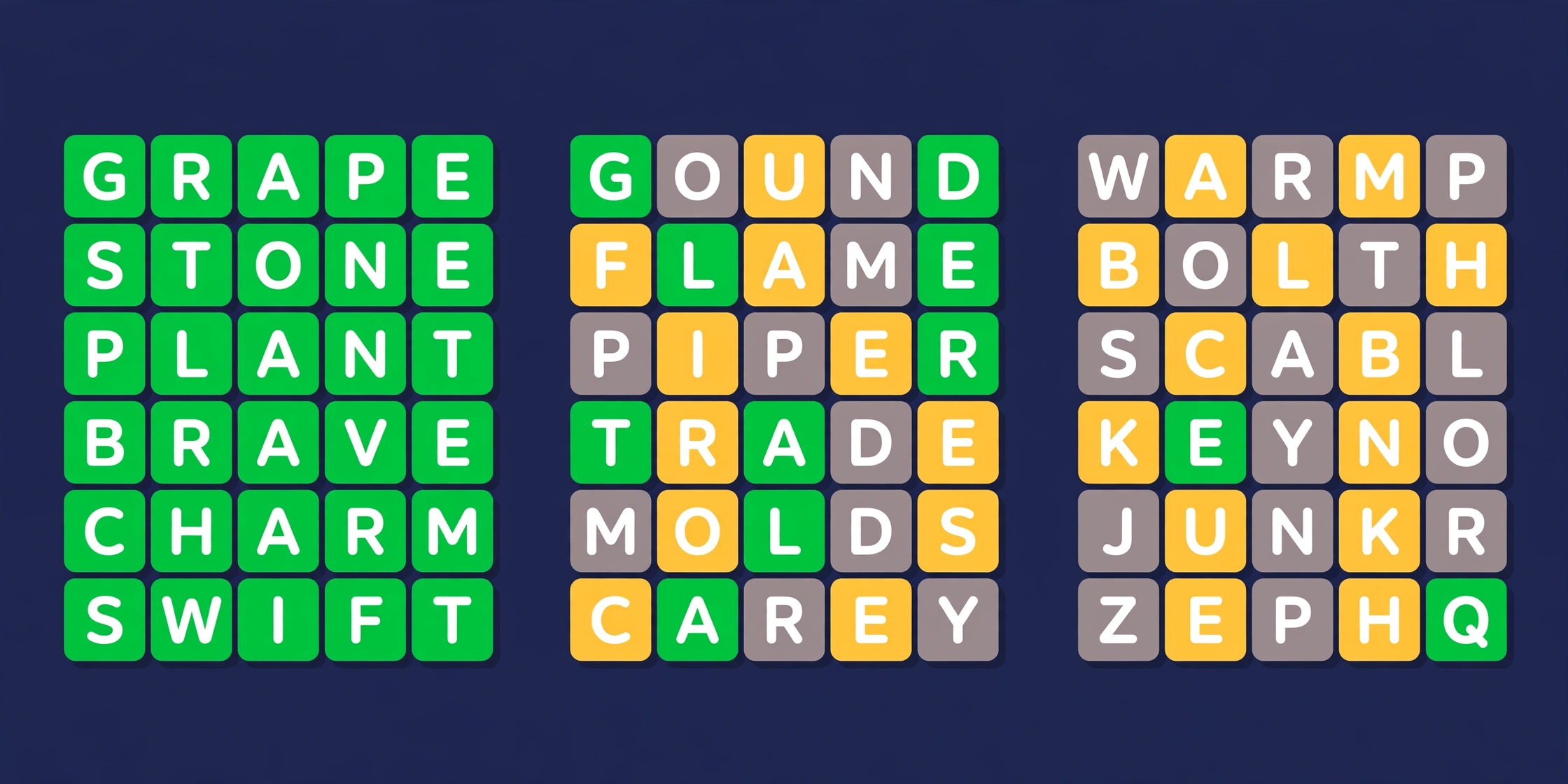 Flat illustration of three side-by-side word puzzle grids with green, yellow and grey tiles