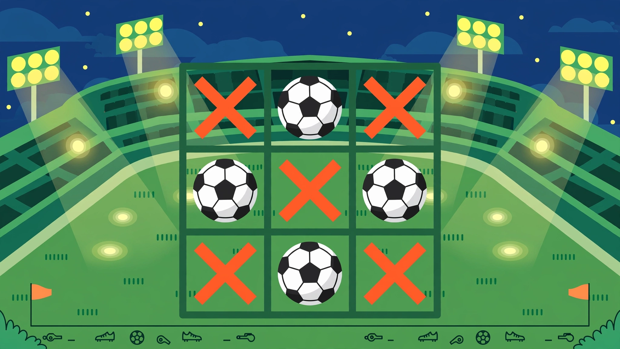 Football-themed tic-tac-toe grid with player names in each square