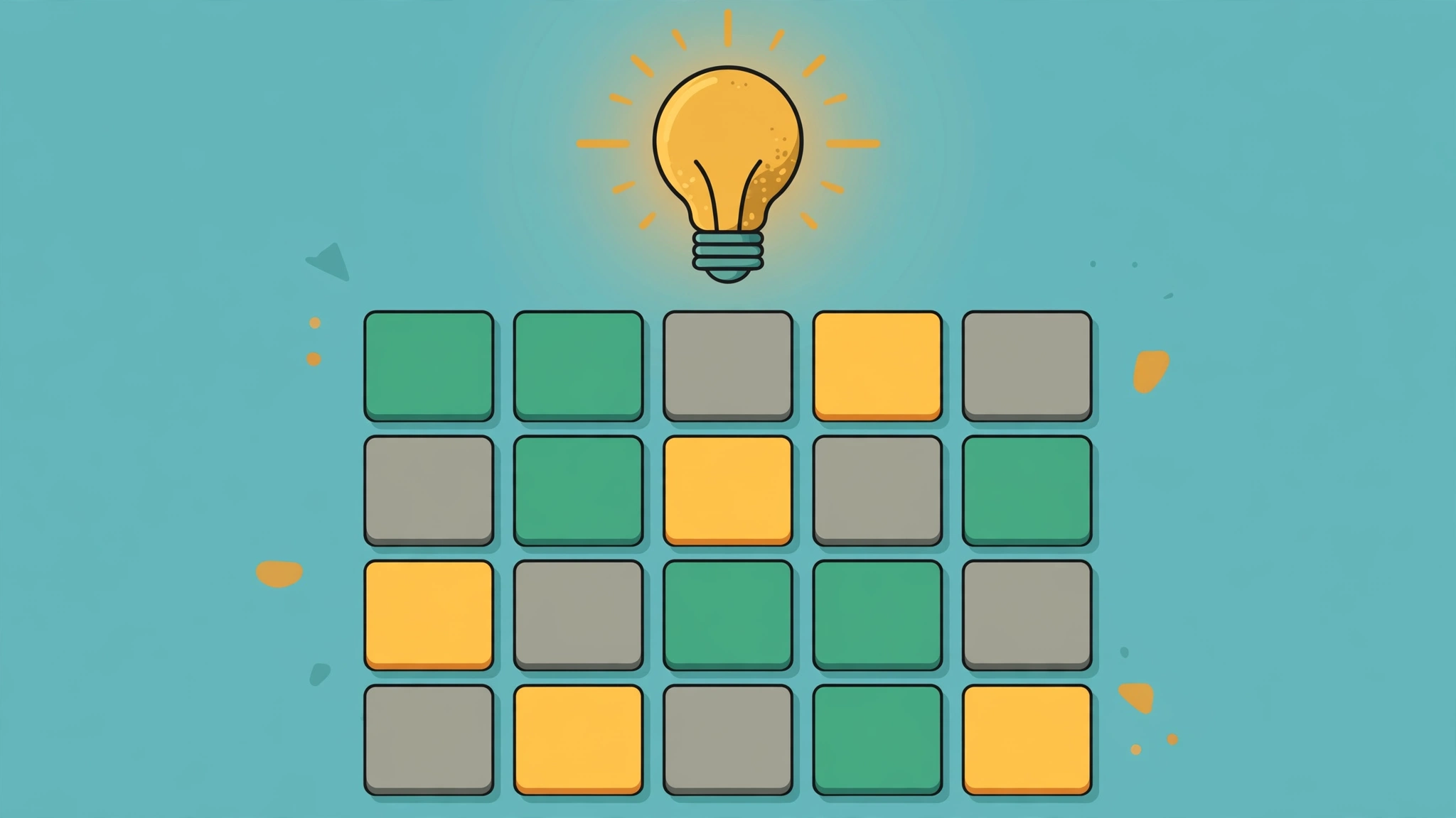 Flat illustration of the Topicle word game showing four rows of five letter tiles in green yellow and grey