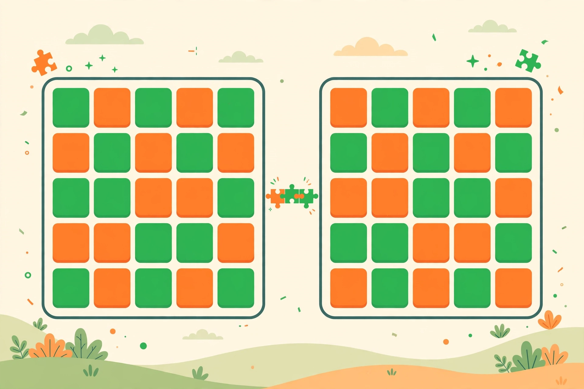 Flat illustration of two 5-letter word grids side by side with green and orange tiles