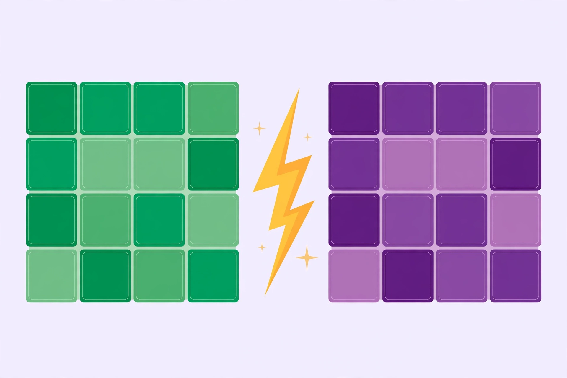 Flat-design graphic of a competitive word duel game, two player boards facing each other with green and yellow letter tiles