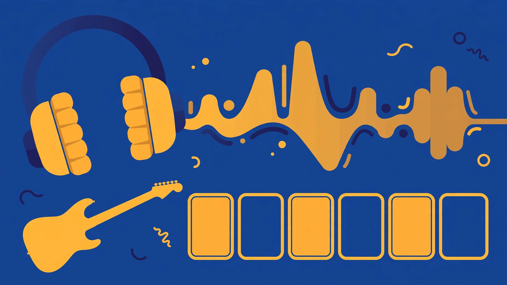 Flat illustration of a music guessing game with headphones, audio waveform and a six-guess score grid
