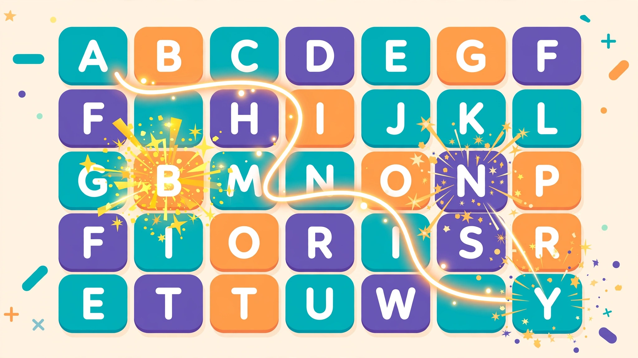 Colorful flat-design illustration of a word search tile grid with a winding path connecting letter tiles