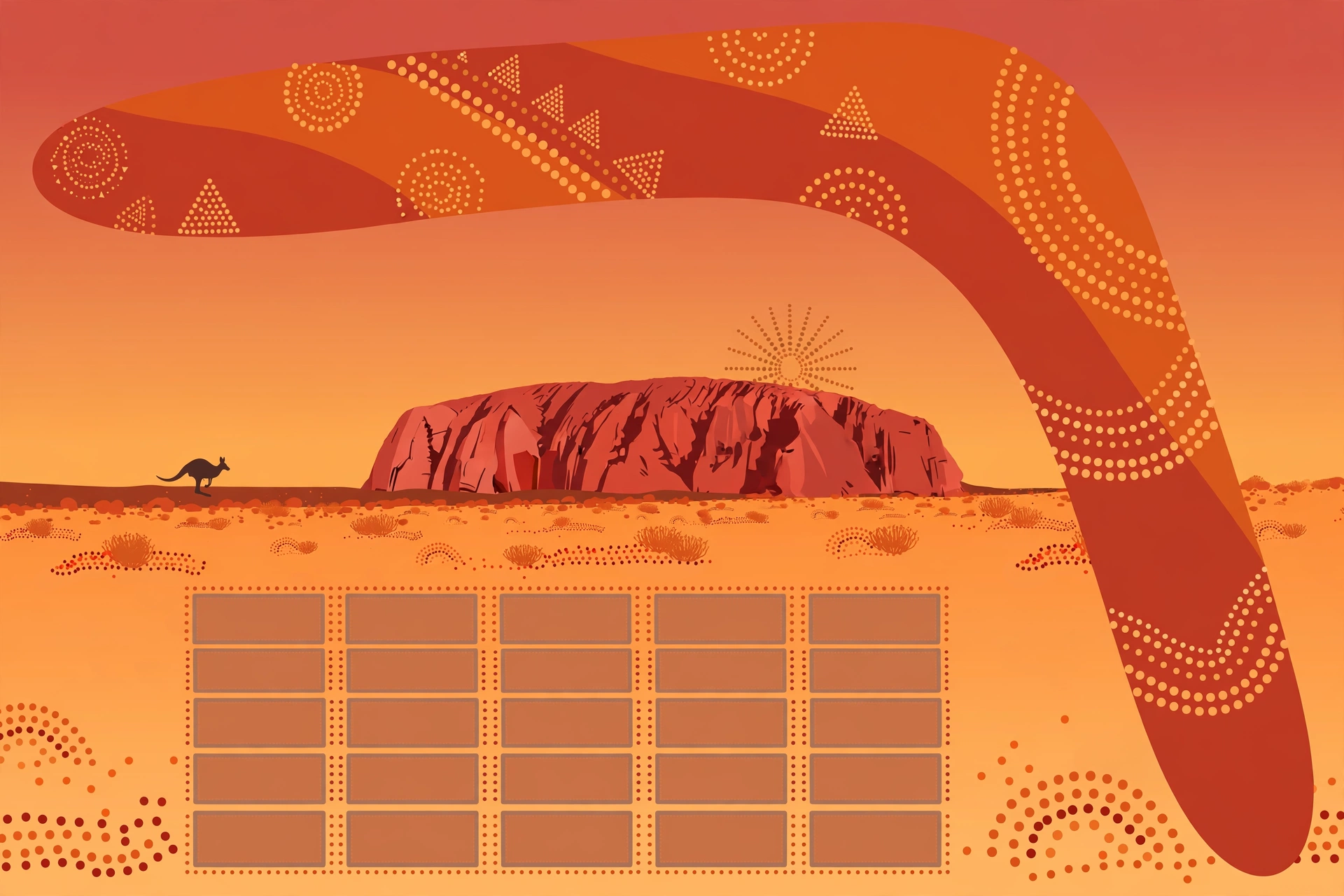 Flat illustration of a boomerang, kangaroo silhouette and sunset over the outback beside a word-guessing tile grid