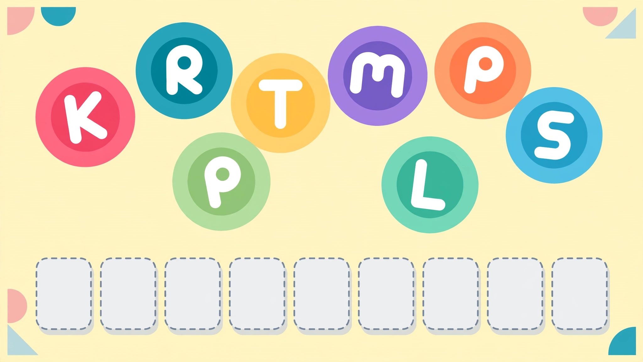Seven scrambled letter tiles above a word submission row in a word game