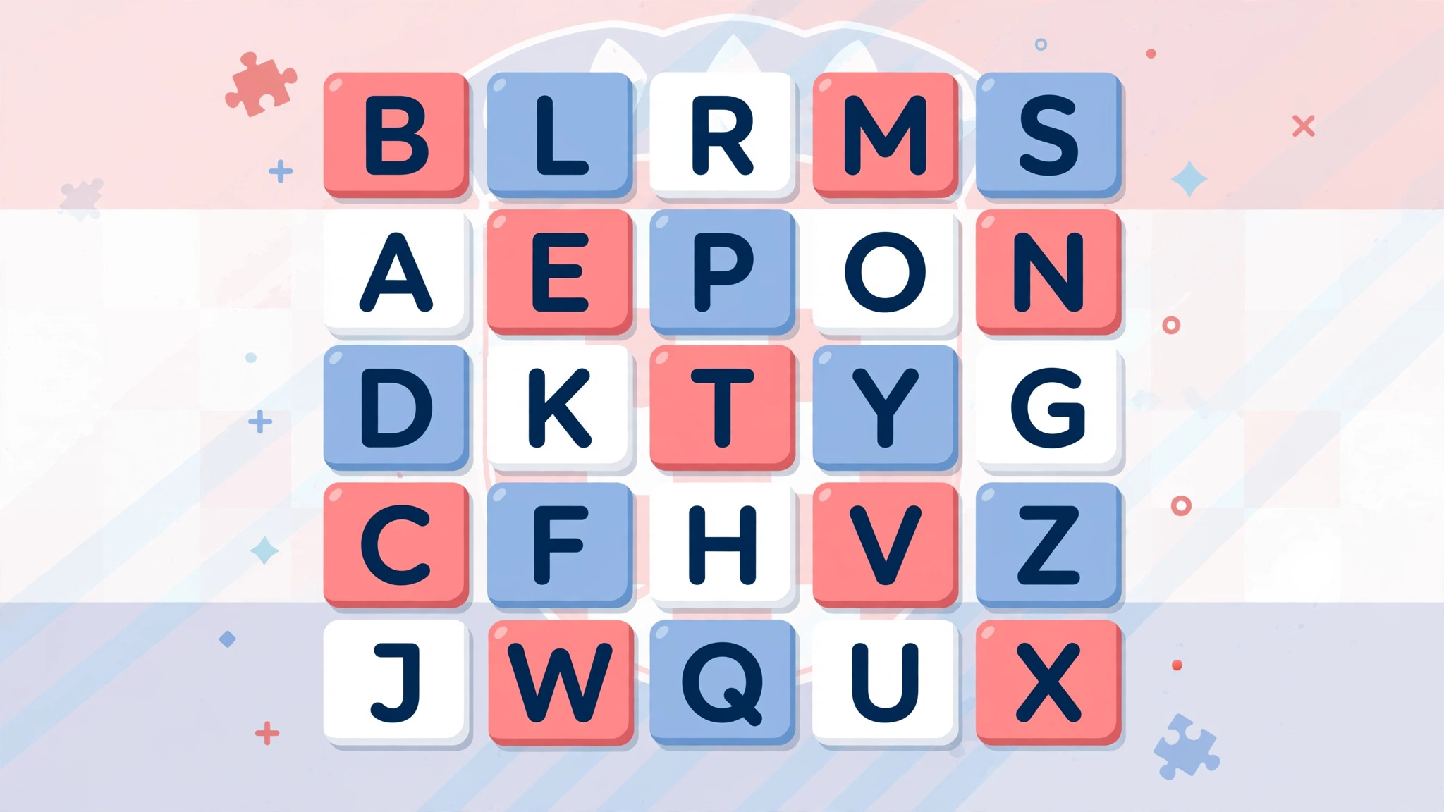 Flat illustration of letter tiles in Croatian red white and blue colours representing Wordle Hrvatski