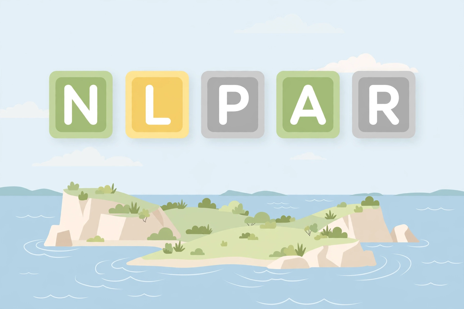 Colourful word-guessing game tiles in green, yellow and grey on a coastal island-themed background