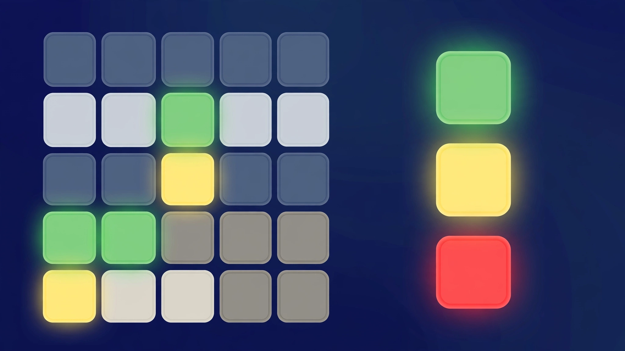 Word 500 game concept — a grid of word-guess rows with green, yellow and red count tiles beside them