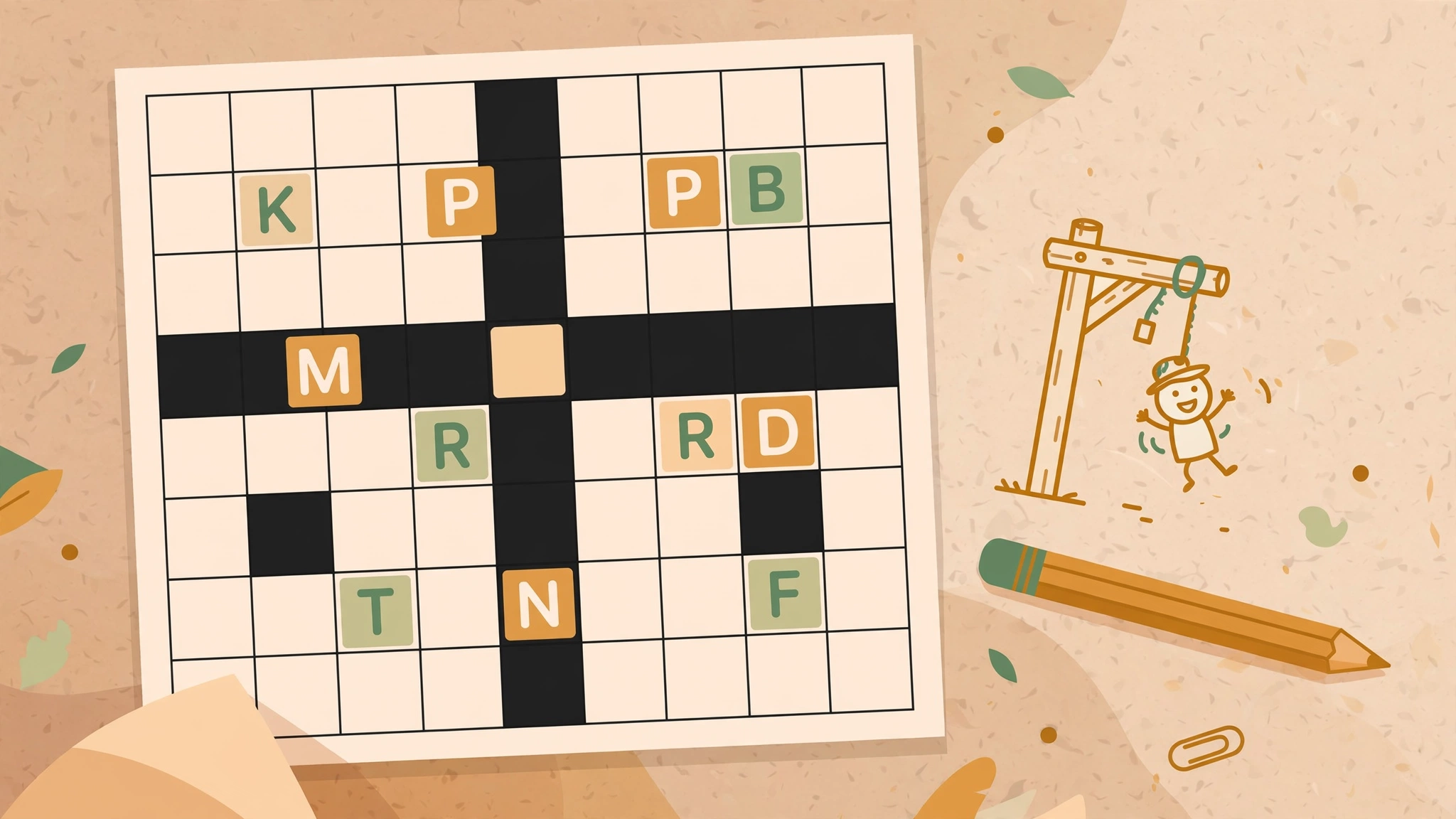 Flat illustration of a crossword grid with letter tiles spelling HANGMAN for the word guessing game clue