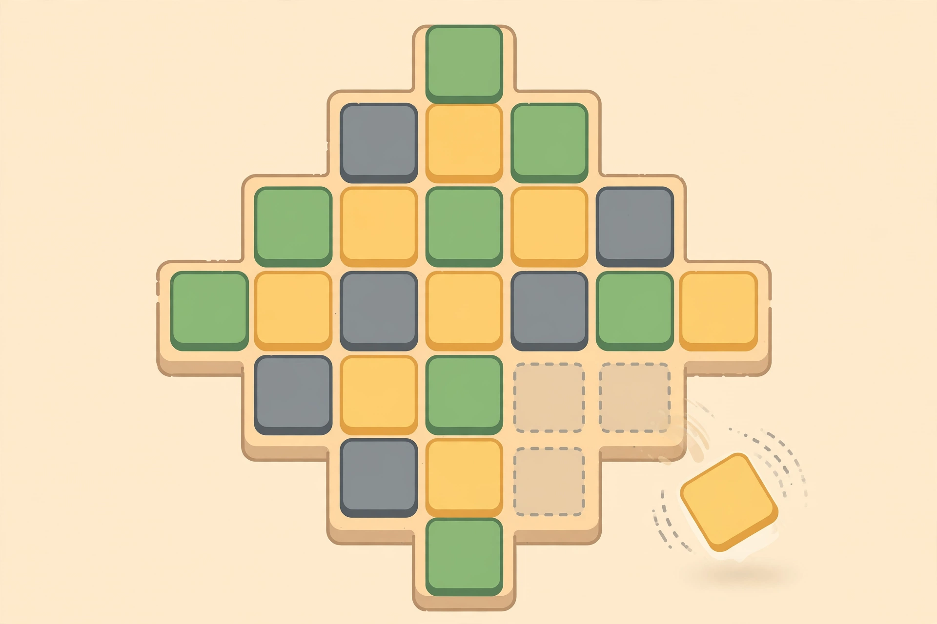 Waffle-shaped crossword-style board of scrambled green, yellow and gray letter tiles with one tile mid-swap, flat game-art illustration with no text