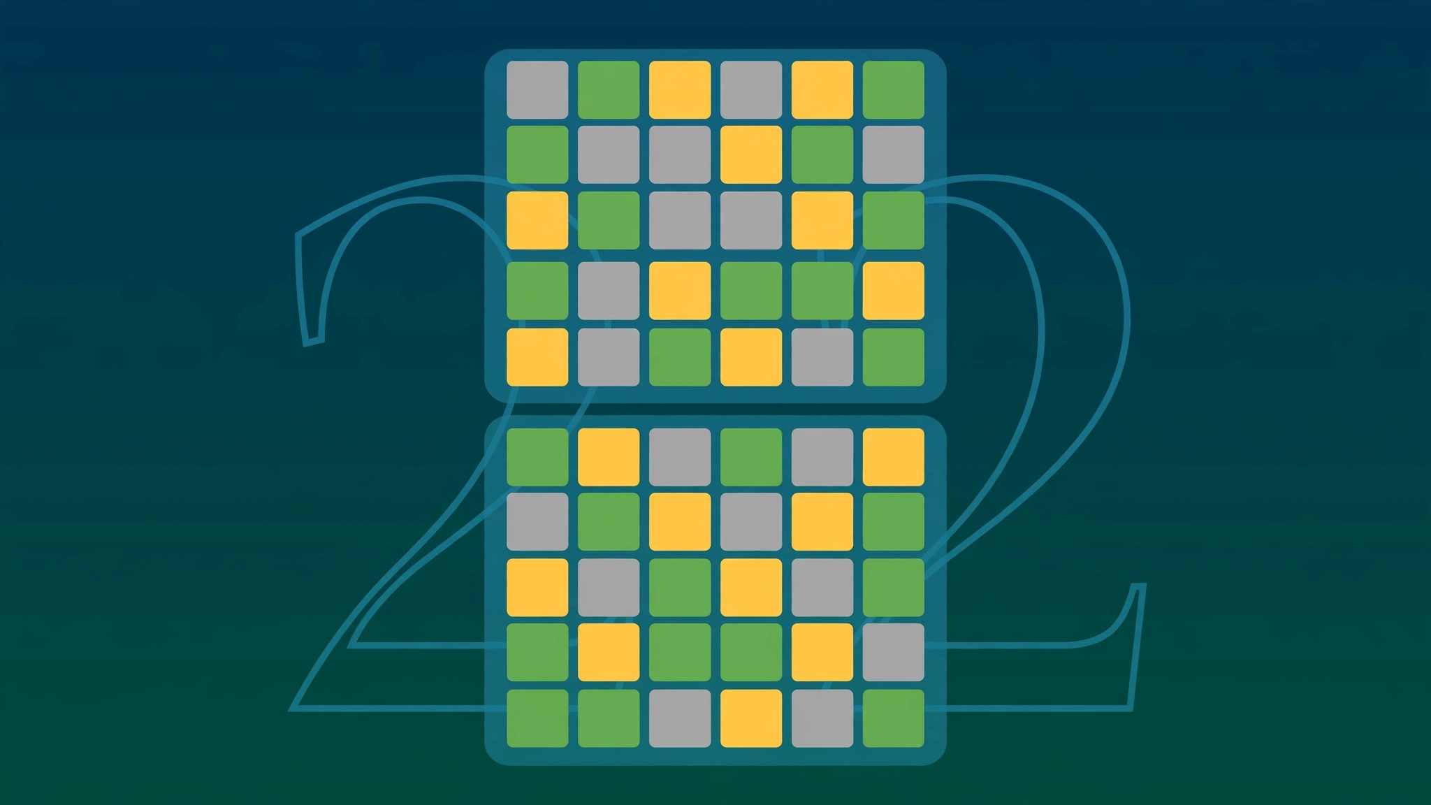Flat illustration of two six-letter word tile grids with green yellow and grey feedback tiles